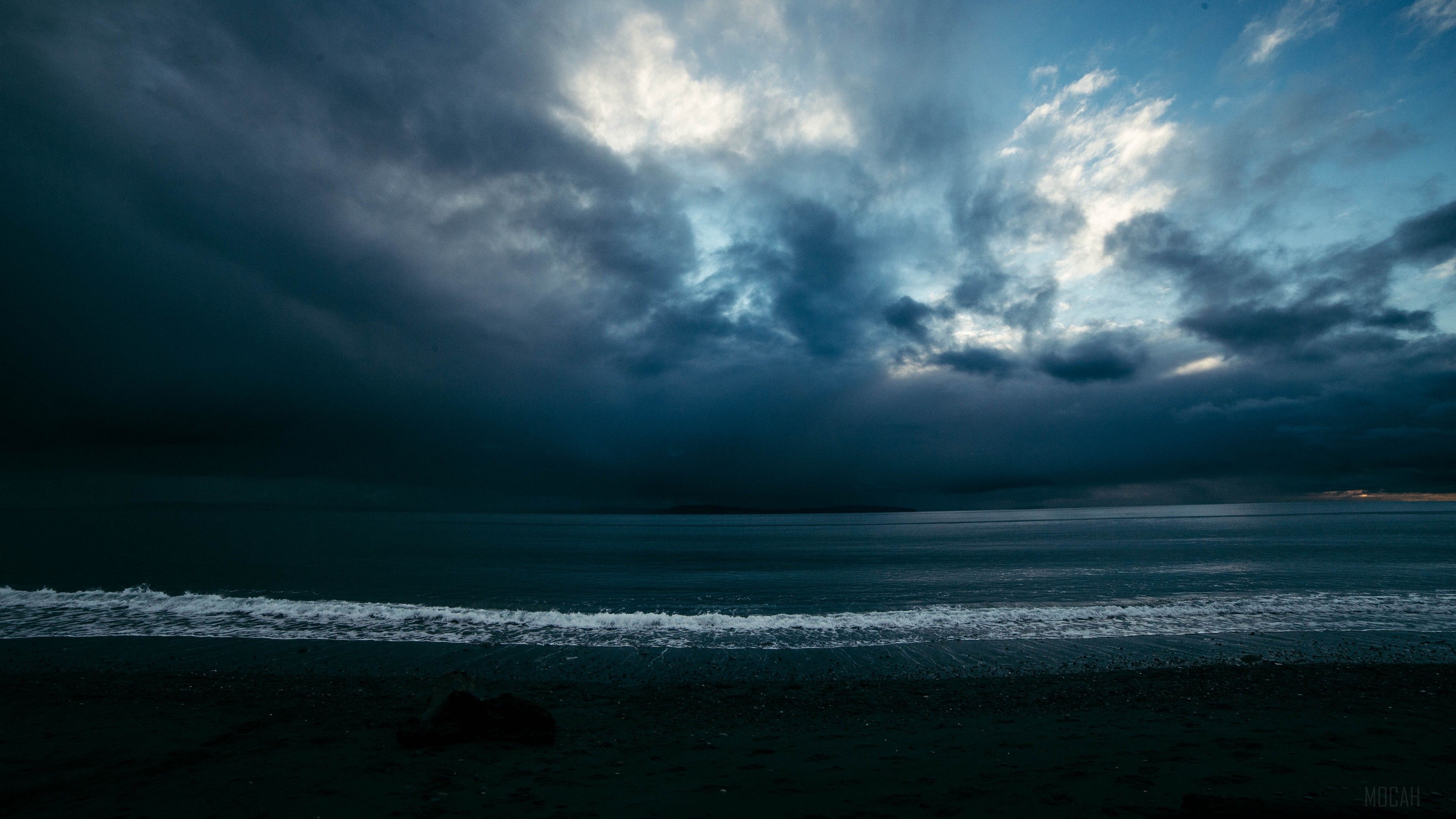 3840x2160 sea, shore, surf, night, overcast 4k Gallery HD Wallpaper