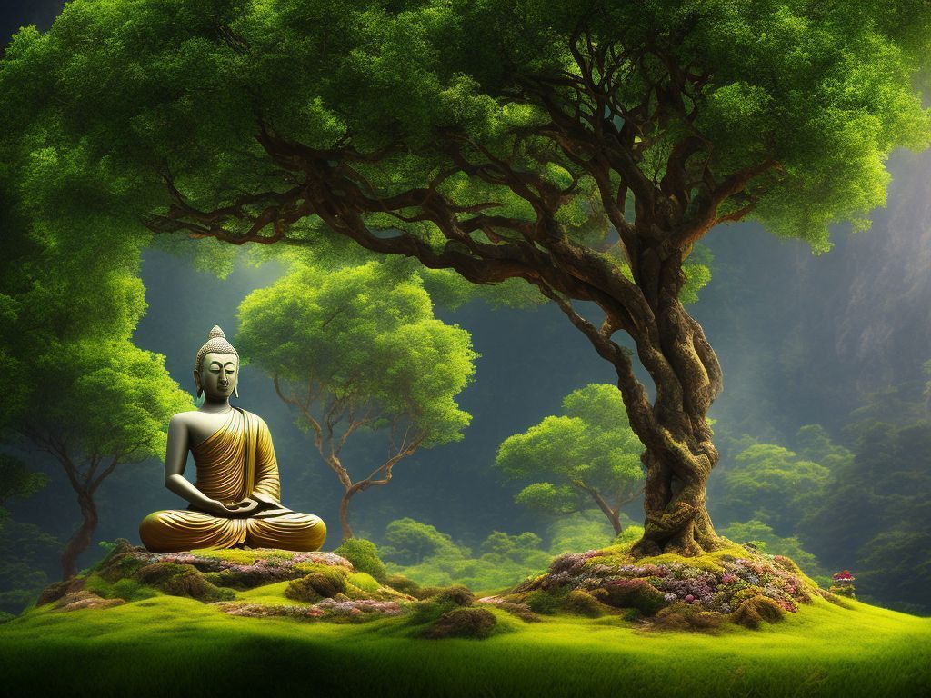1024x768 High Guanaco534: Buddha Meditating Under The Bodhi Tree Near The Base, In The Center Of The Tree, The Branches Spread Out On All Sides, Realistic Picture