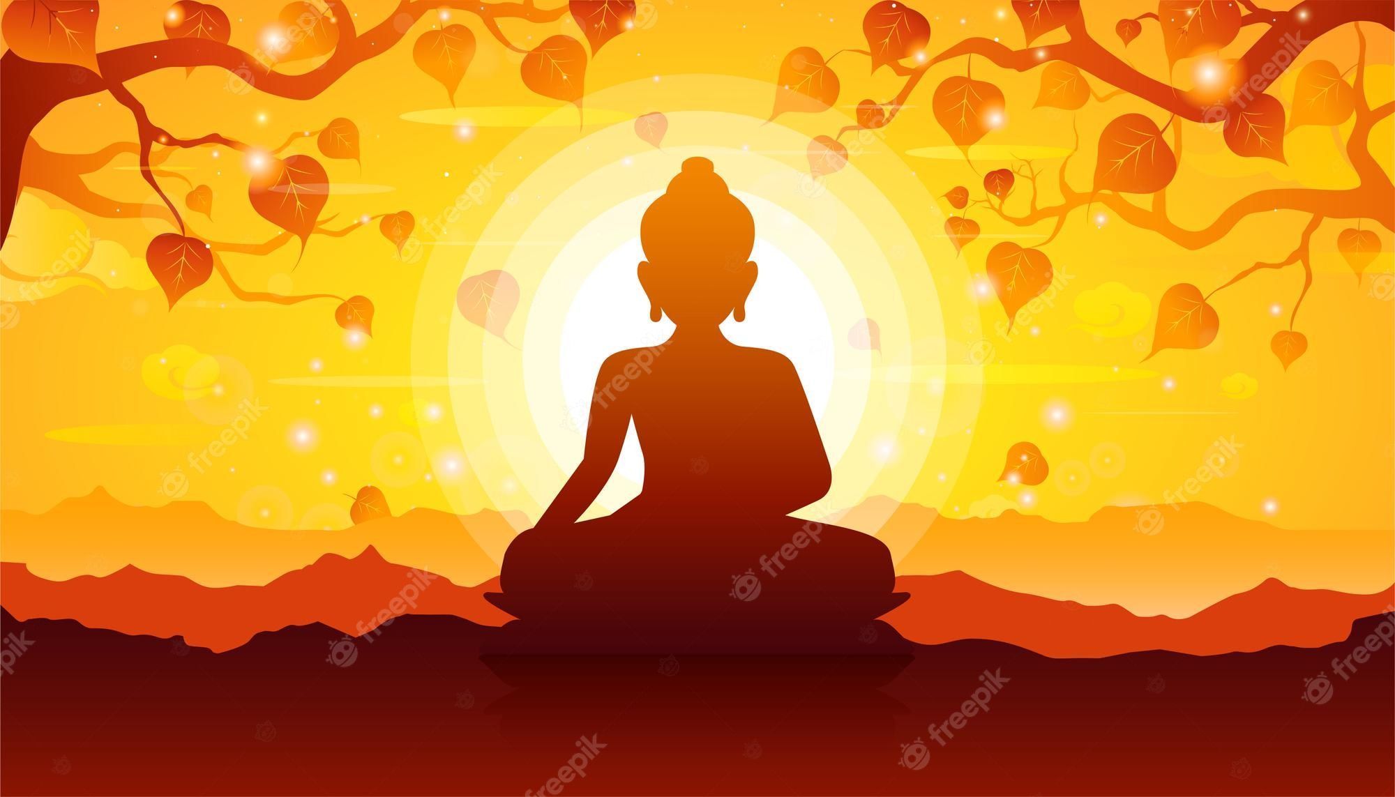 2000x1143 Premium Vector. Buddha sitting under bodhi tree on sunset background