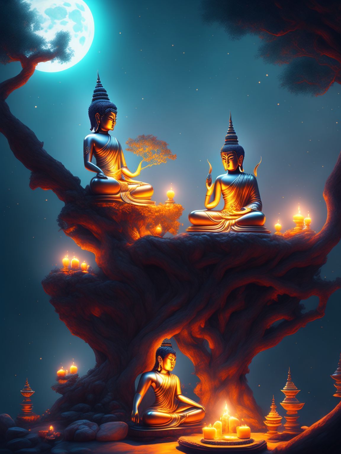 1152x1536 Blissful Pig965: At Middle The Buddha Sitting On The Throne Under The Shade Of The Great Bodhi Tree, At Beneath Left Have Phra Mae Thorani Squeezing My Hair Bun, Splashing Water Out To Defeat
