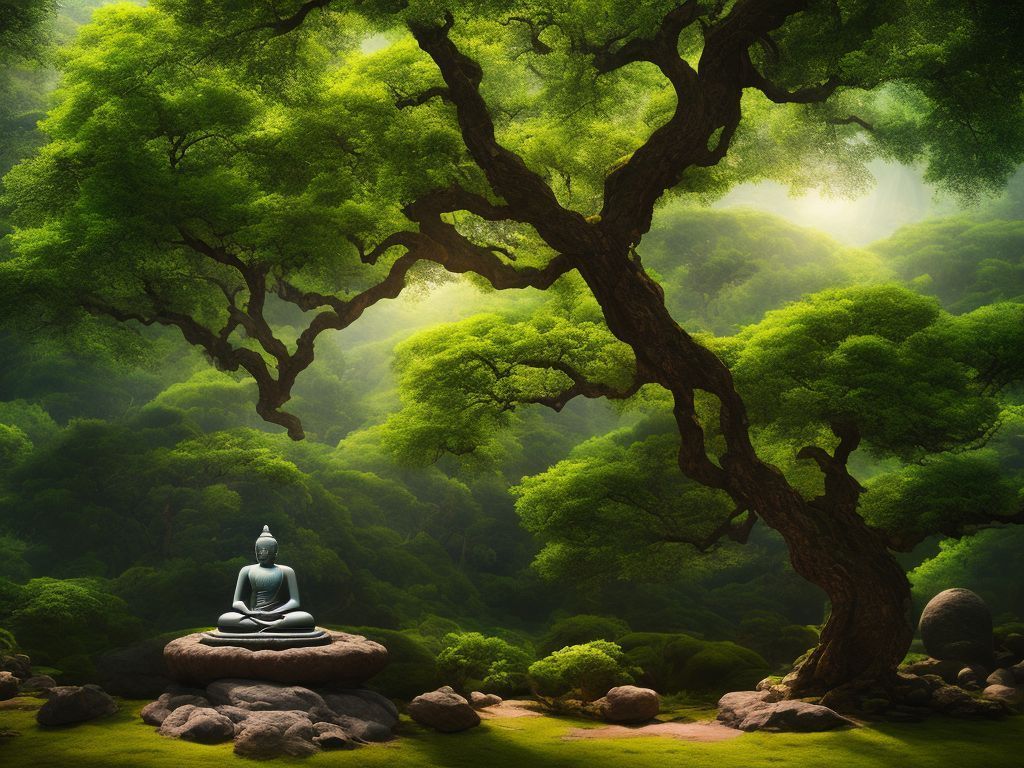 1024x768 High Guanaco534: Buddha Meditating Under The Bodhi Tree Near The Base, In The Center Of The Tree, The Branches Spread Out On All Sides, Realistic Picture