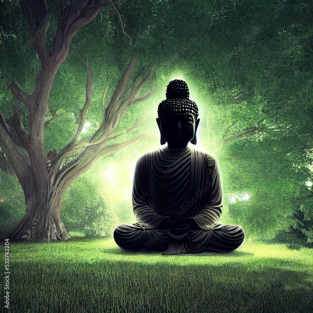 1000x1000 happy Makha Bucha Day, Buddha meditating under Bodhi tree Stock Illustration