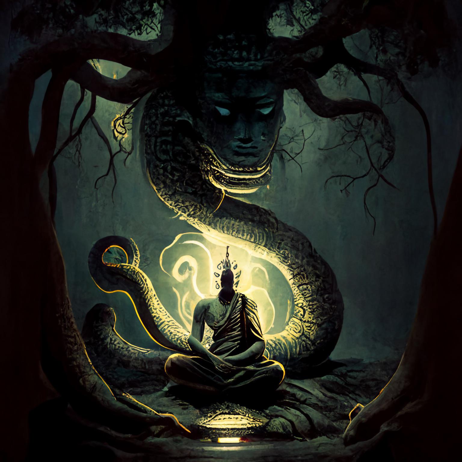 1536x1536 Midjourney “the Buddha meditating under the Bodhi tree, with the King of the Nagas protecting him”