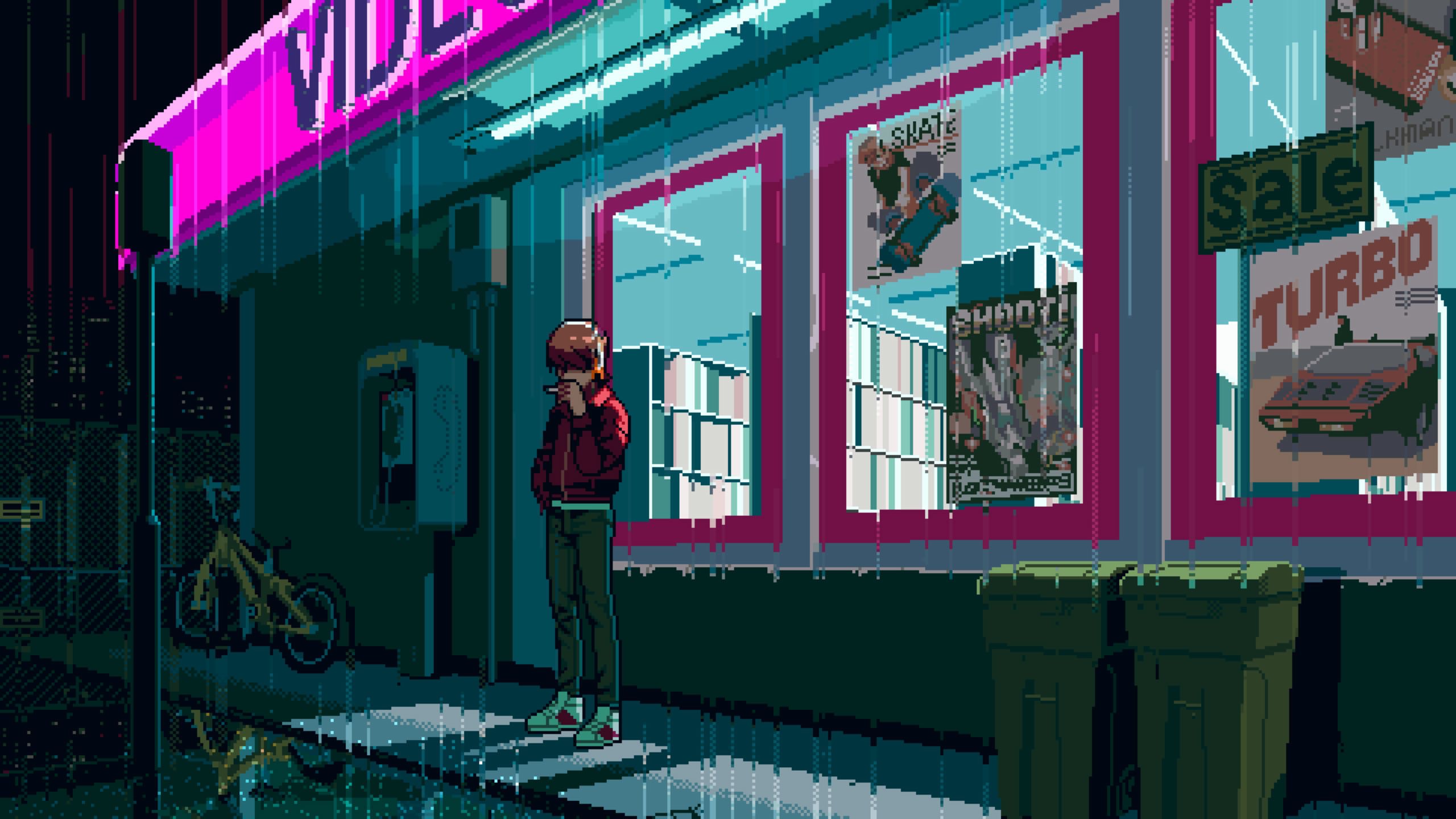 2560x1440 Pixel Art Rain Retro Wallpaper:2560x1440