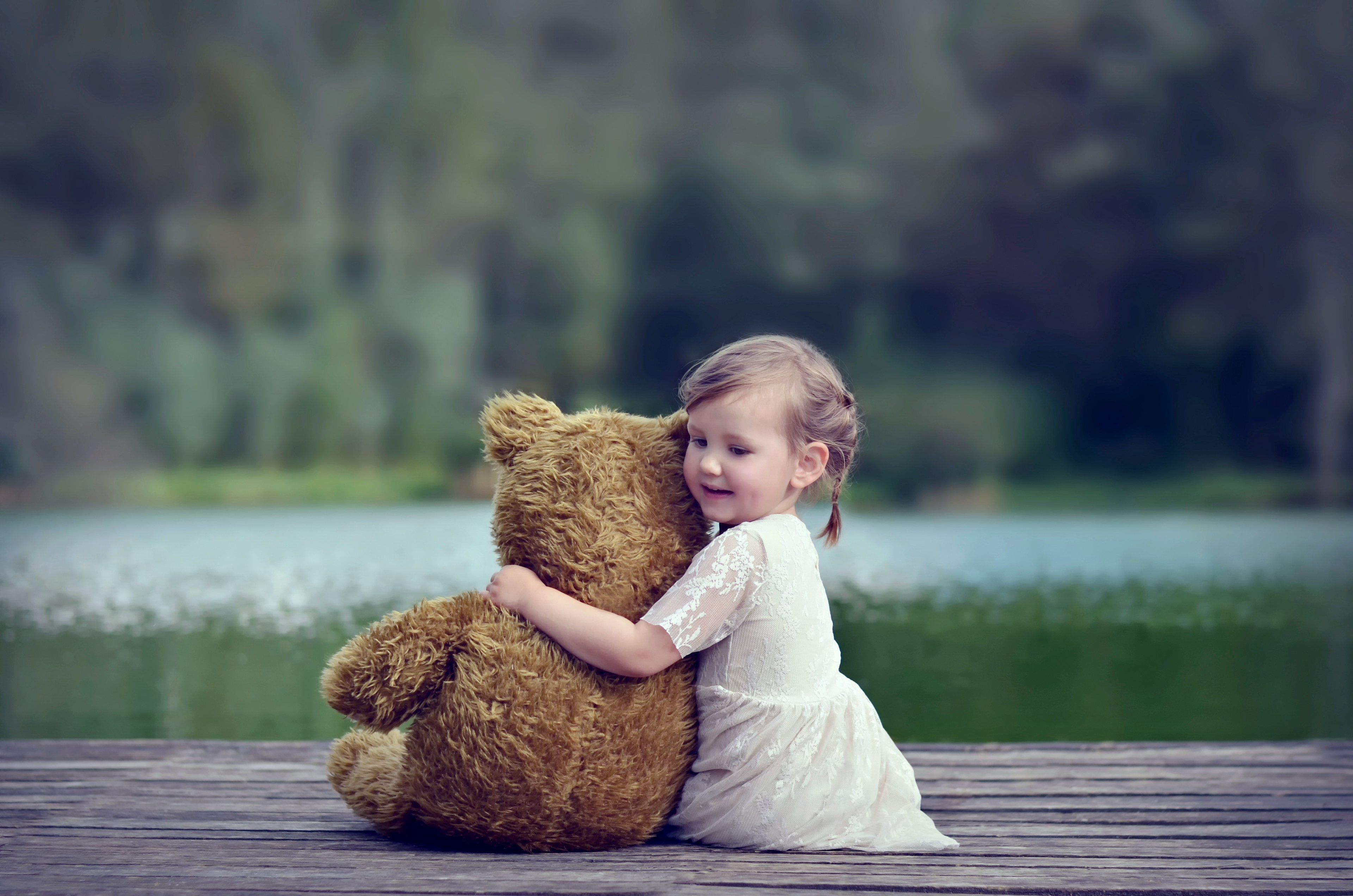 3840x2543 alone, Child, Doll, Forest, Girl, Kids, Littel, Lonely, Nature, Princess, Red, Sad, Way, Teddy, Bear, Friendship, Lake