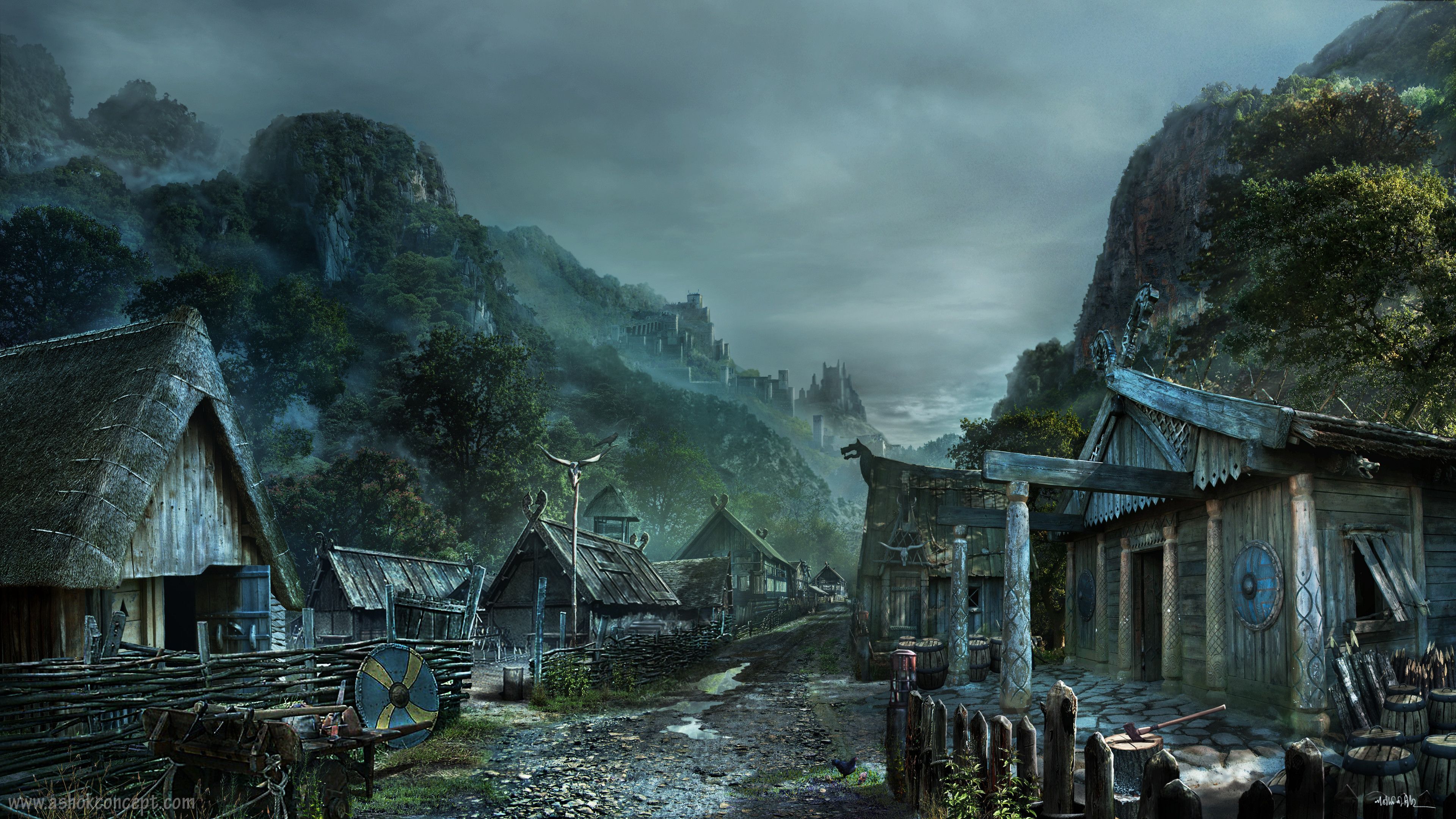 3840x2160 viking village concept art[3840 x 2160]. Viking village, Fantasy village, Fantasy landscape