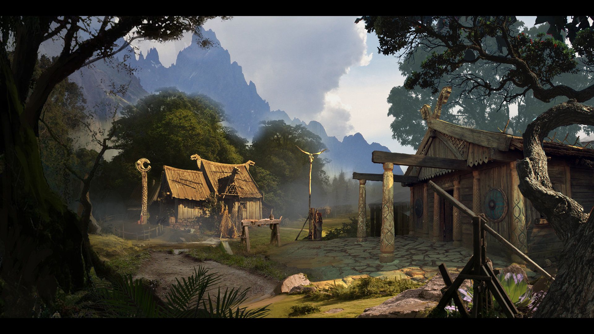 1920x1080 Viking village colour concept for matte painting, Mahesh Naidu. Matte painting, Viking village, Painting