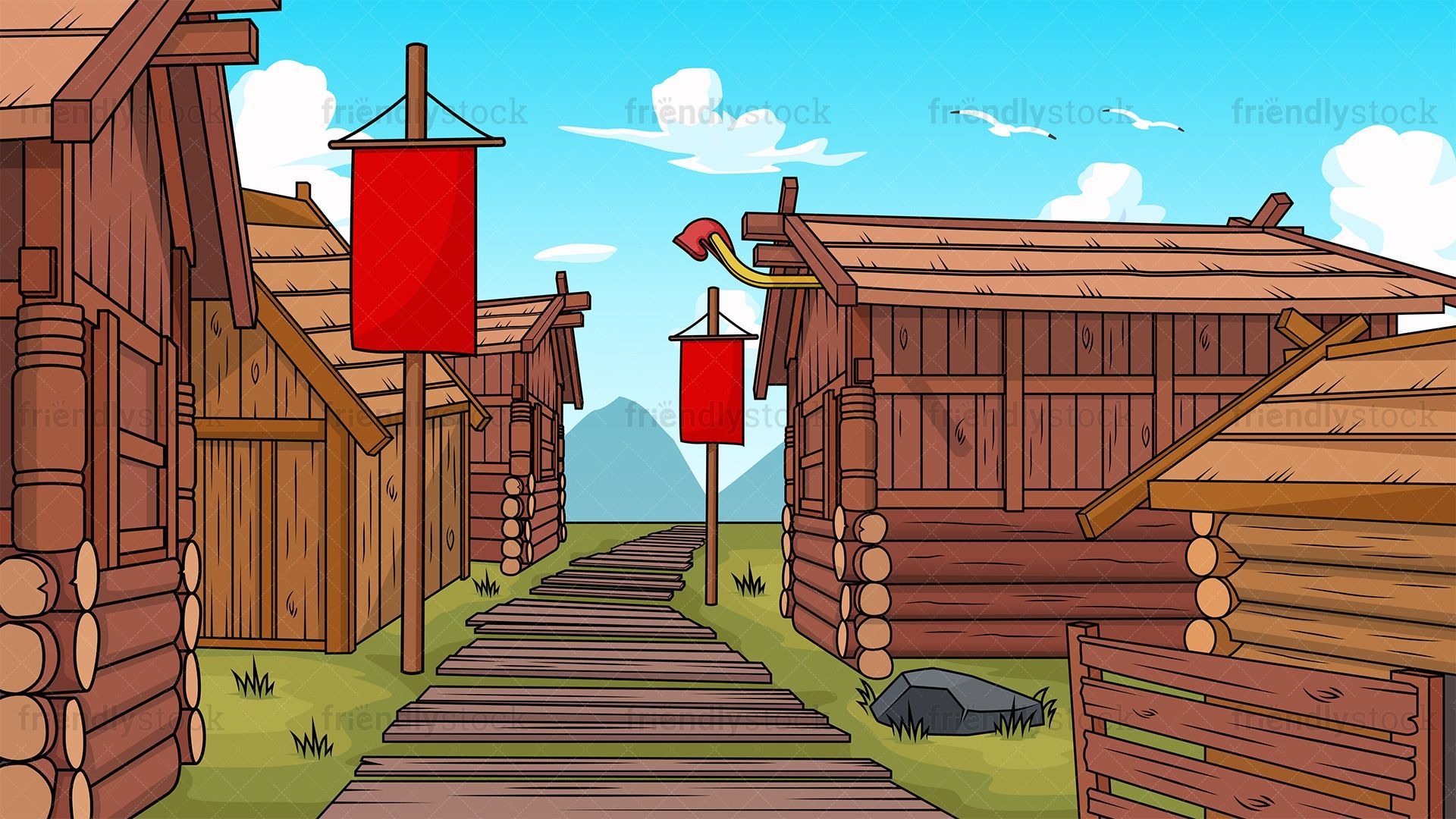 1920x1080 Viking Village Background Cartoon Vector Clipart
