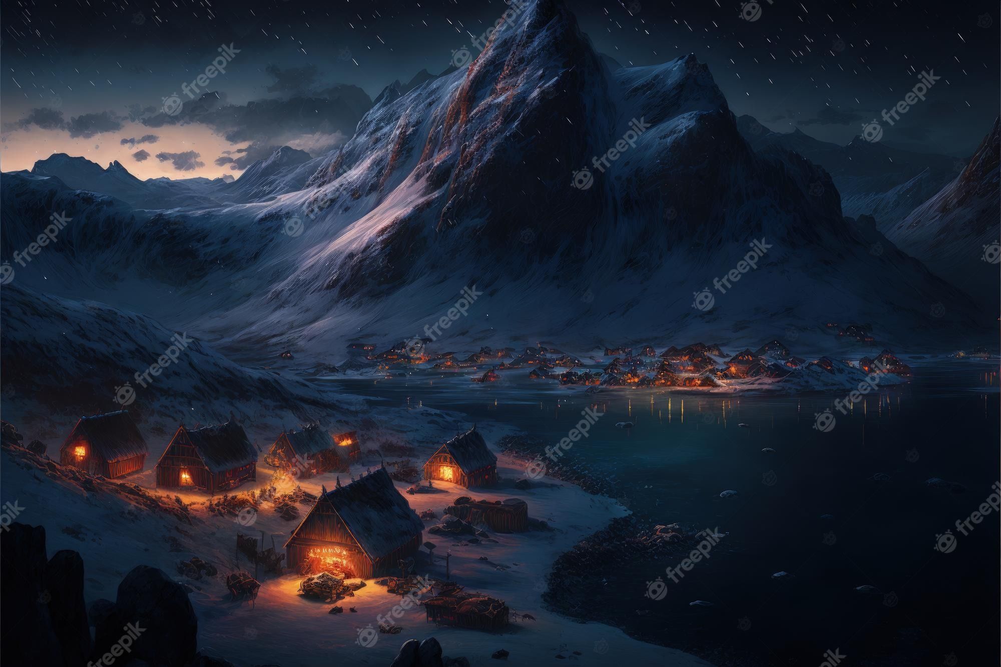 2000x1333 Premium Photo. Night landscape of a viking village with mountains river and rustic houses generative ai