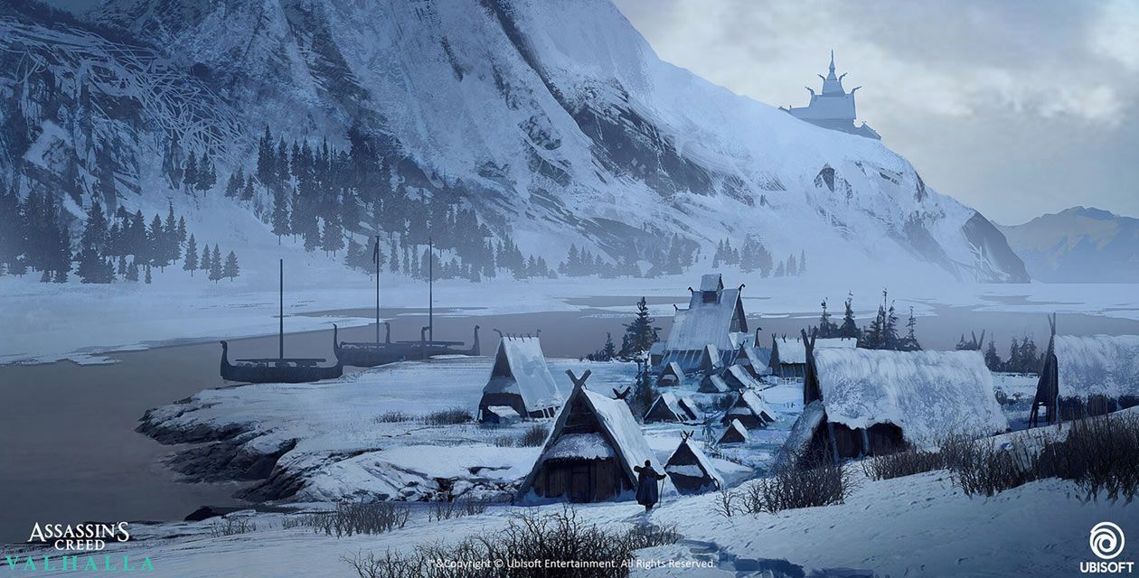 1260x640 Viking Village in Winter Art from Assassin's Creed Valhalla. Fantasy landscape, Viking village, Fantasy art landscapes