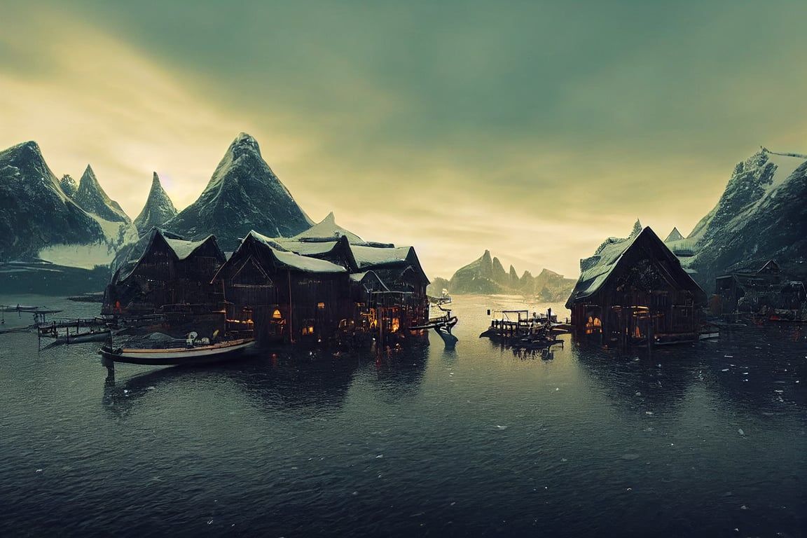 1152x768 prompthunt: medieval viking village, wooden pallisade, wooden greathall, wooden houses, some longboats with masts, lowpoly, in the style of borderlands, winter, fjord backdrop