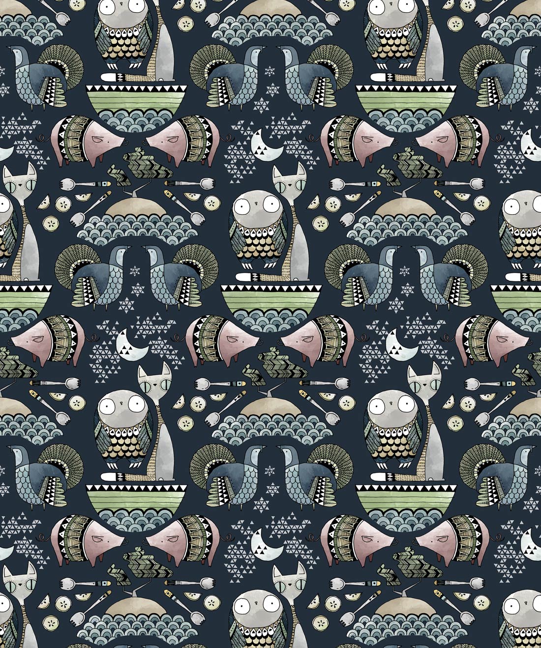 1100x1318 The Owl & The Pussycat, Folk Animal Wallpaper