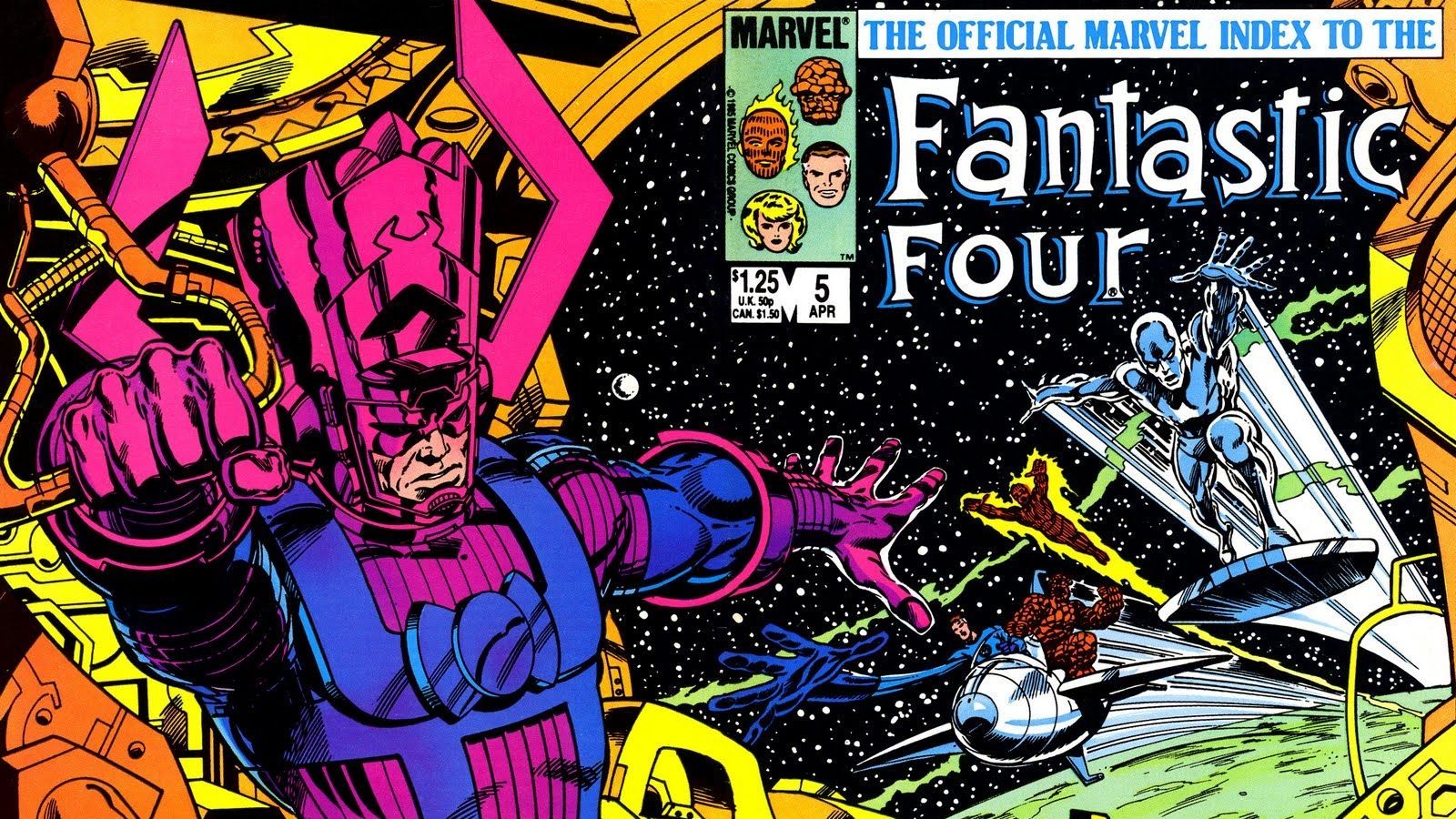 1600x900 HD desktop wallpaper: Comics, Reed Richards, Human Torch (Marvel Comics), Johnny Storm, Mister Fantastic, Susan Storm, Thing (Marvel Comics), Fantastic Four, Silver Surfer, Ben Grimm, Galactus download free picture