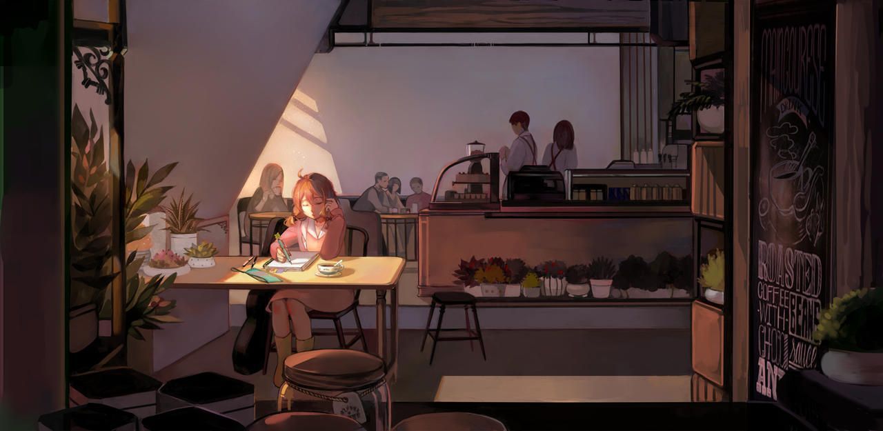 1280x625 Commission: Coffee Shop By Taro K. Cute Desktop Wallpaper, Aesthetic Desktop Wallpaper, Cute Laptop Wallpaper