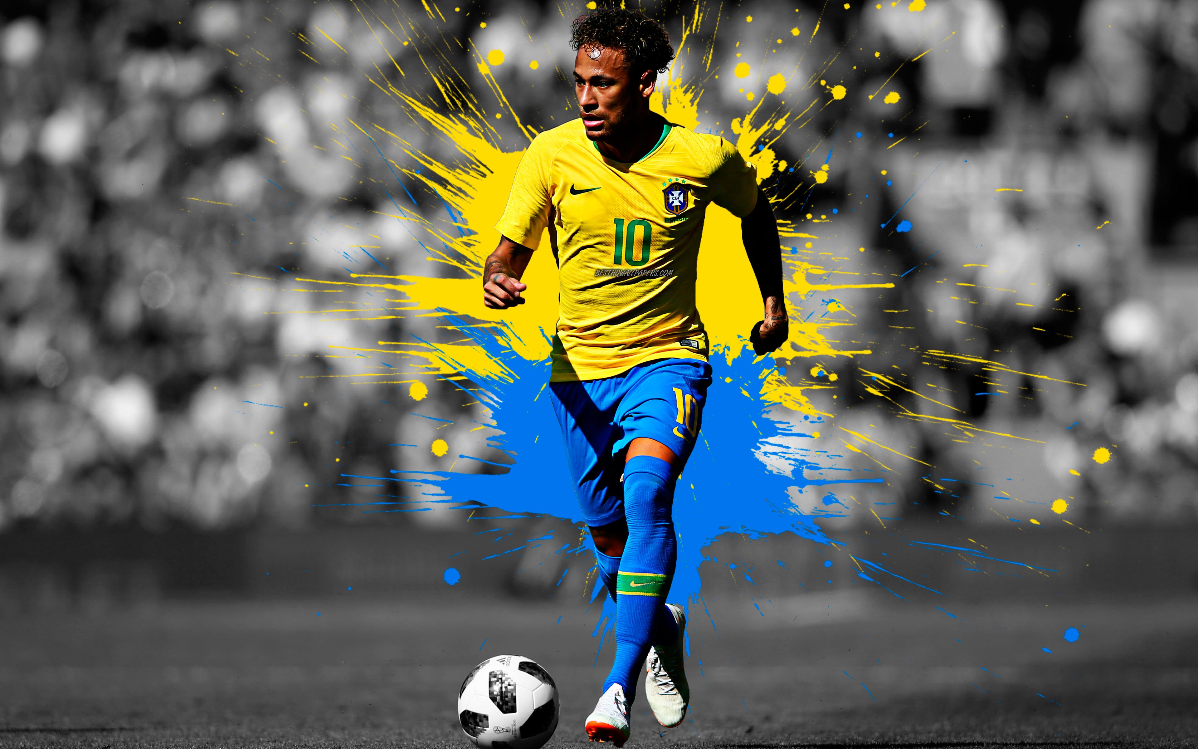 3840x2400 Download wallpaper Neymar Jr, art, 4k, Brazil national football team, blue and yellow splashes of paint, grunge art, Brazilian footballer, creative art, Brazil, Neymar da Silva Santos, football for desktop with resolution