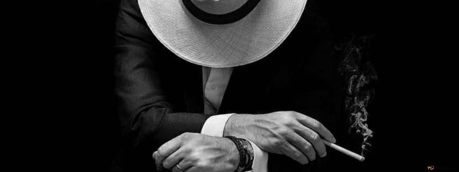 1600x600 Black and white photo of man in suit and white hat holding cigarette HD wallpaper download