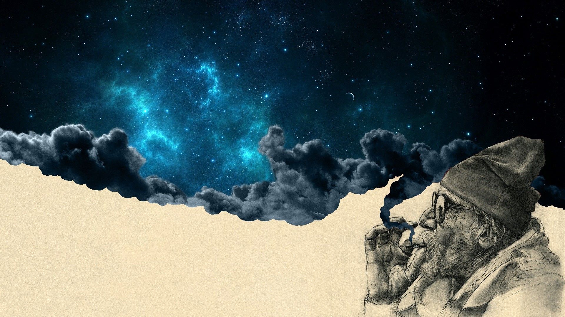 1920x1080 Surreal Space Men Old People Night Sky Digital Art Space Art Artwork Smoking Wallpaper:1920x1080