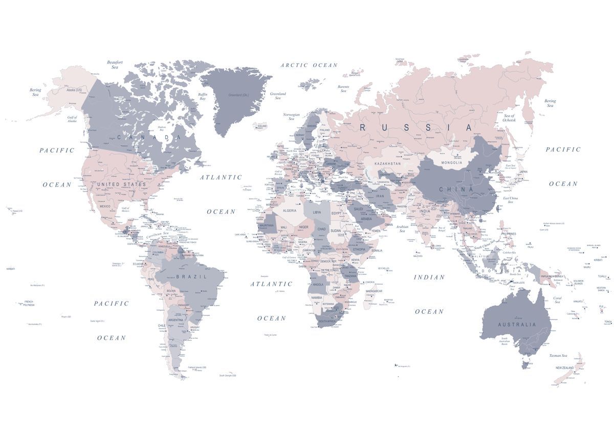 1200x857 World Map in Pink and Blue' Poster