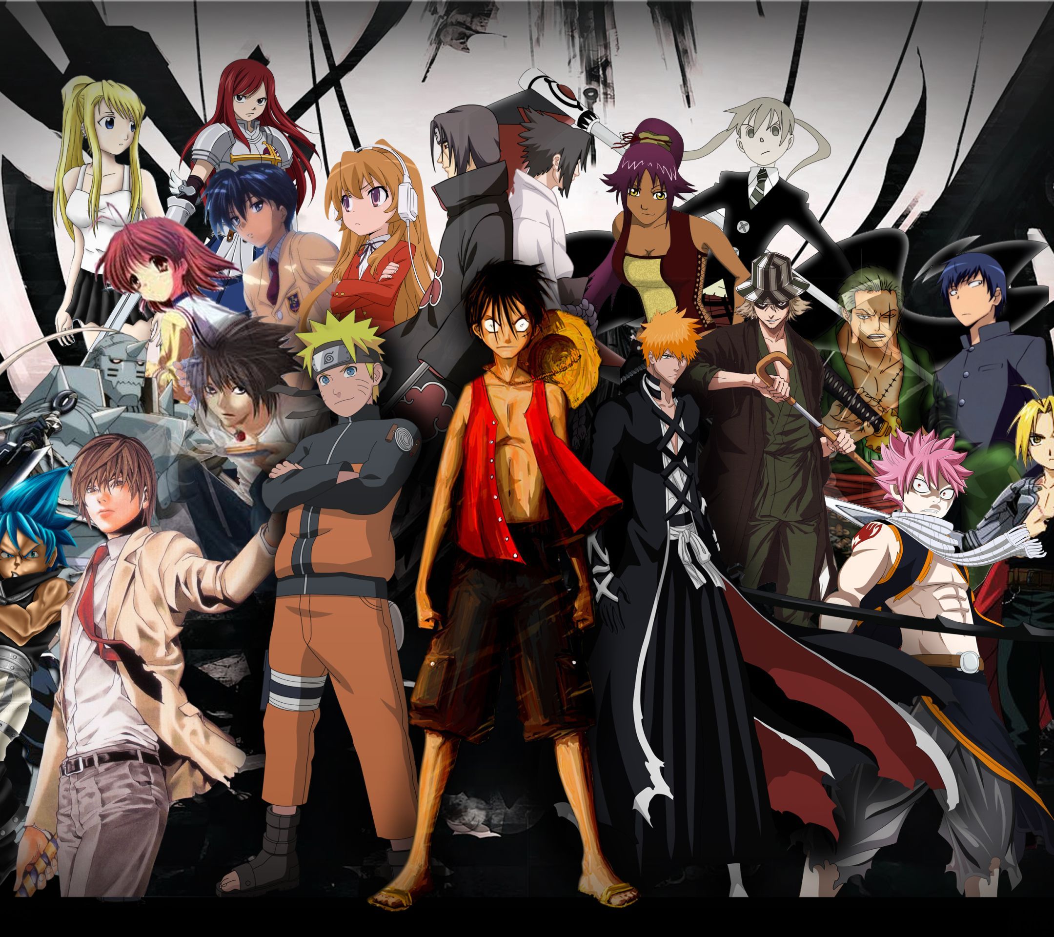 2160x1920 HD desktop wallpaper: Anime, Crossover, Sakura Haruno, Ichigo Kurosaki, Naruto Uzumaki, Monkey D Luffy, Nami (One Piece), Lucy Heartfilia, Natsu Dragneel, Erza Scarlet download free picture