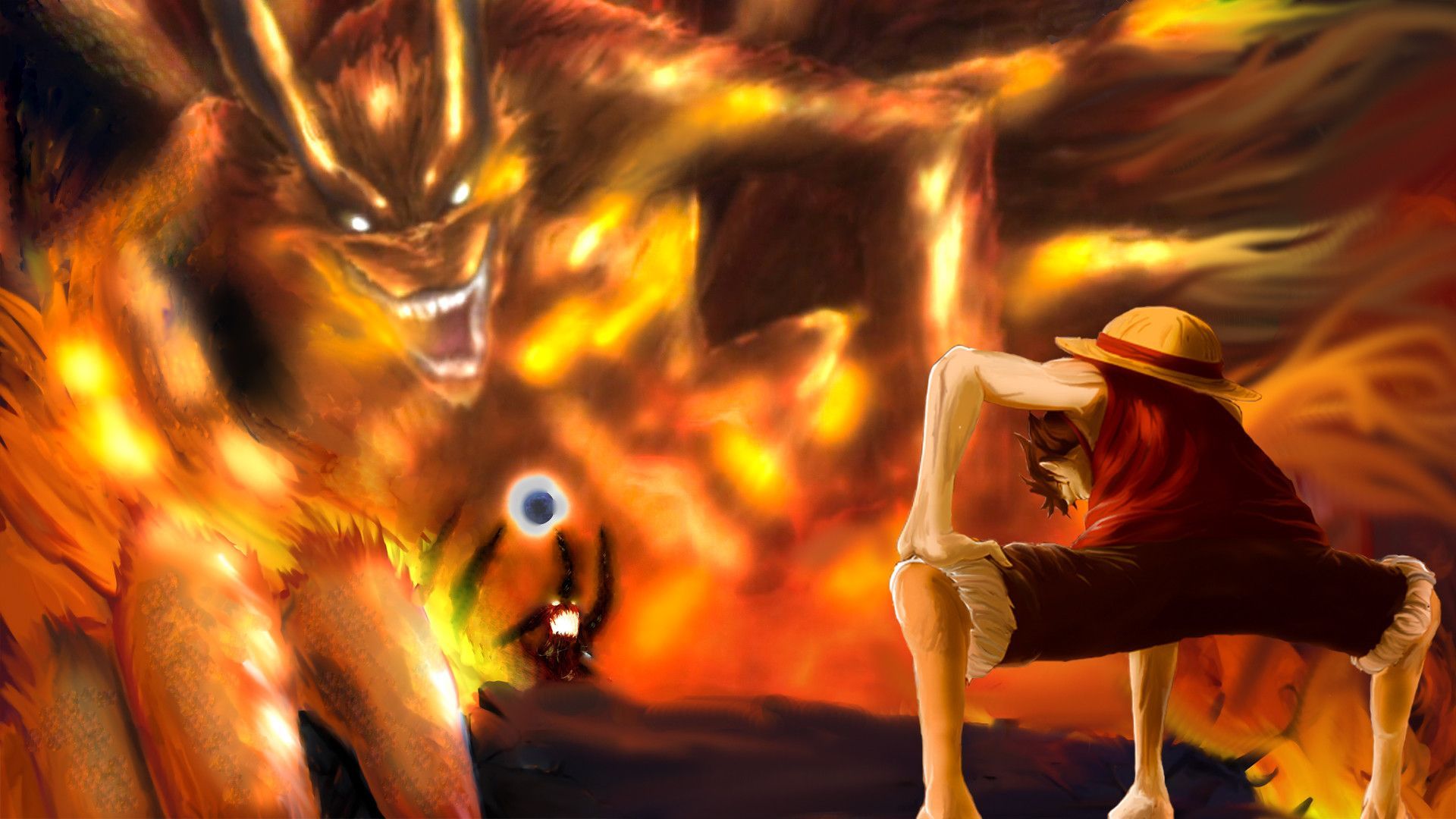 1920x1080 HD desktop wallpaper: Anime, Naruto, Crossover, One Piece, Kurama (Naruto), Monkey D Luffy download free picture