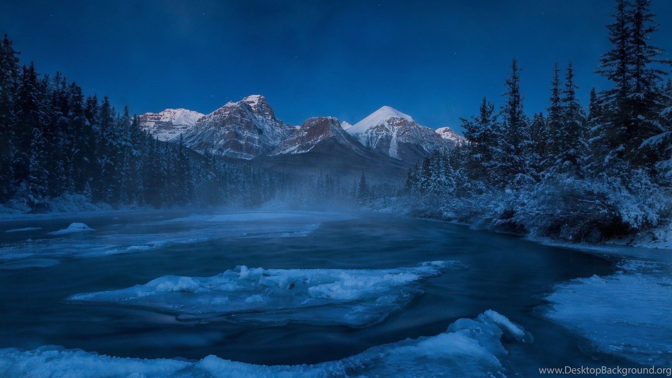 2560x1440 Alberta Canada Rocky Mountains River Mountain Forest Winter Ice