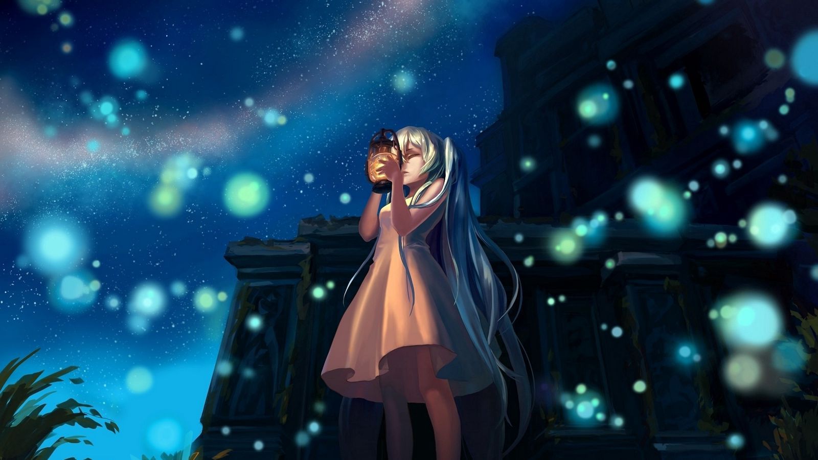 1600x900 Download wallpaper 1600x900 anime, girl, glow, lights, night, lamp widescreen 16:9 HD background