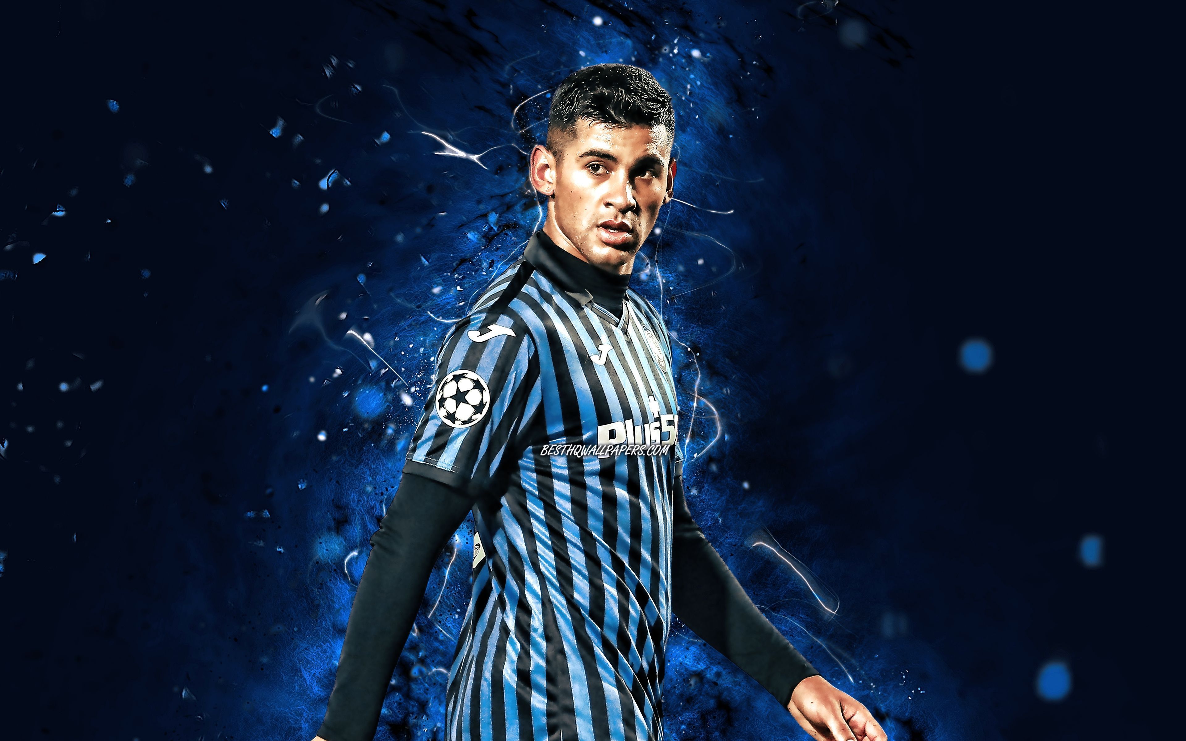 3840x2400 Download wallpaper Cristian Romero, 4K, Atalanta FC, russian footballers, soccer, Serie A, football, Cristian Gabriel Romero, blue neon lights, Atalanta BC, Cristian Romero Atalanta, Cristian Romero 4K for desktop with resolution 3840x2400