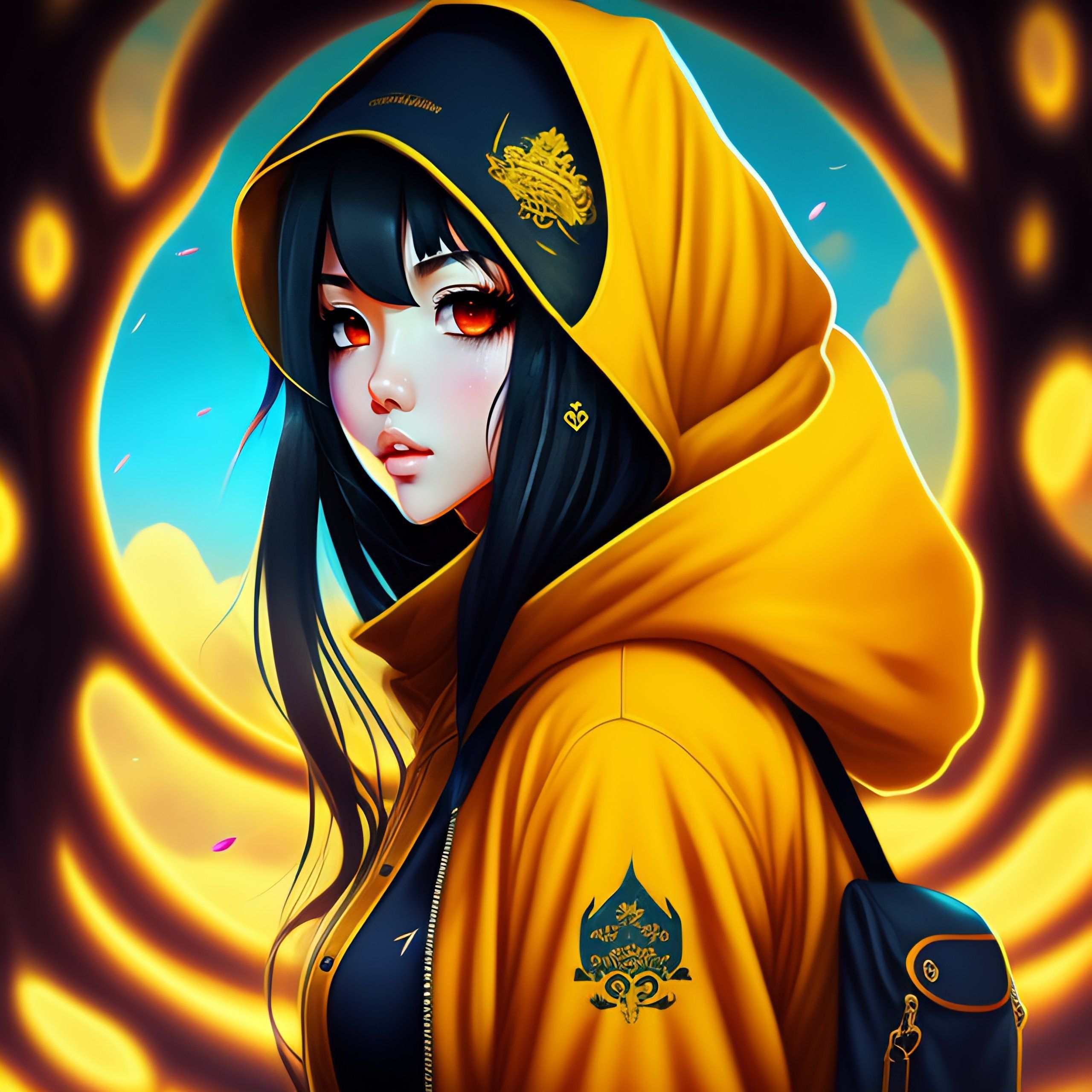 2560x2560 Lexica Album, big tree, horror fantasy, anime style, horror word, beautiful anime girl with yellow coat and blue eyes