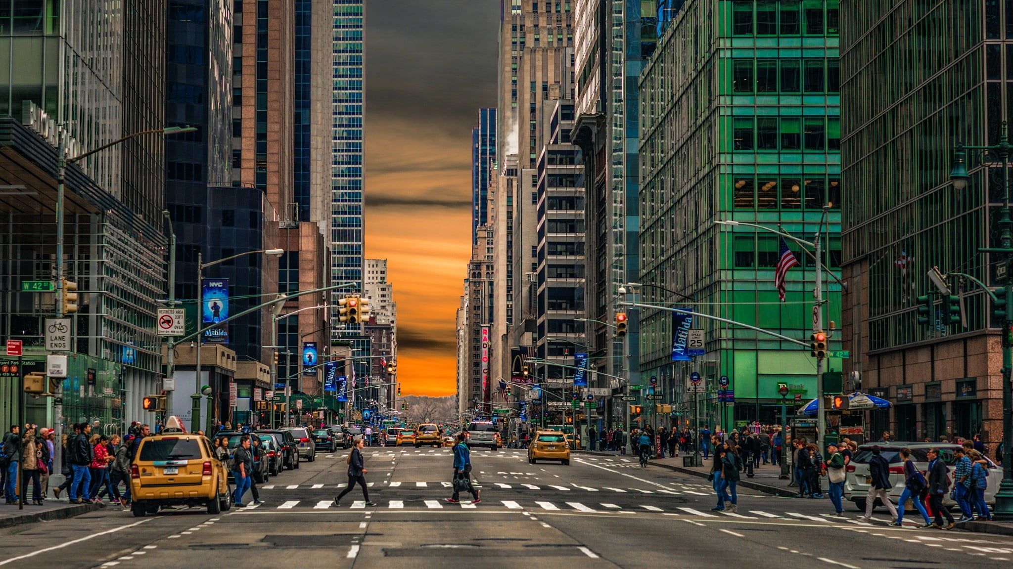 2048x1151 Wallpaper New York City Painting, Taxi, Street, Machine, Architecture, Building Exterior