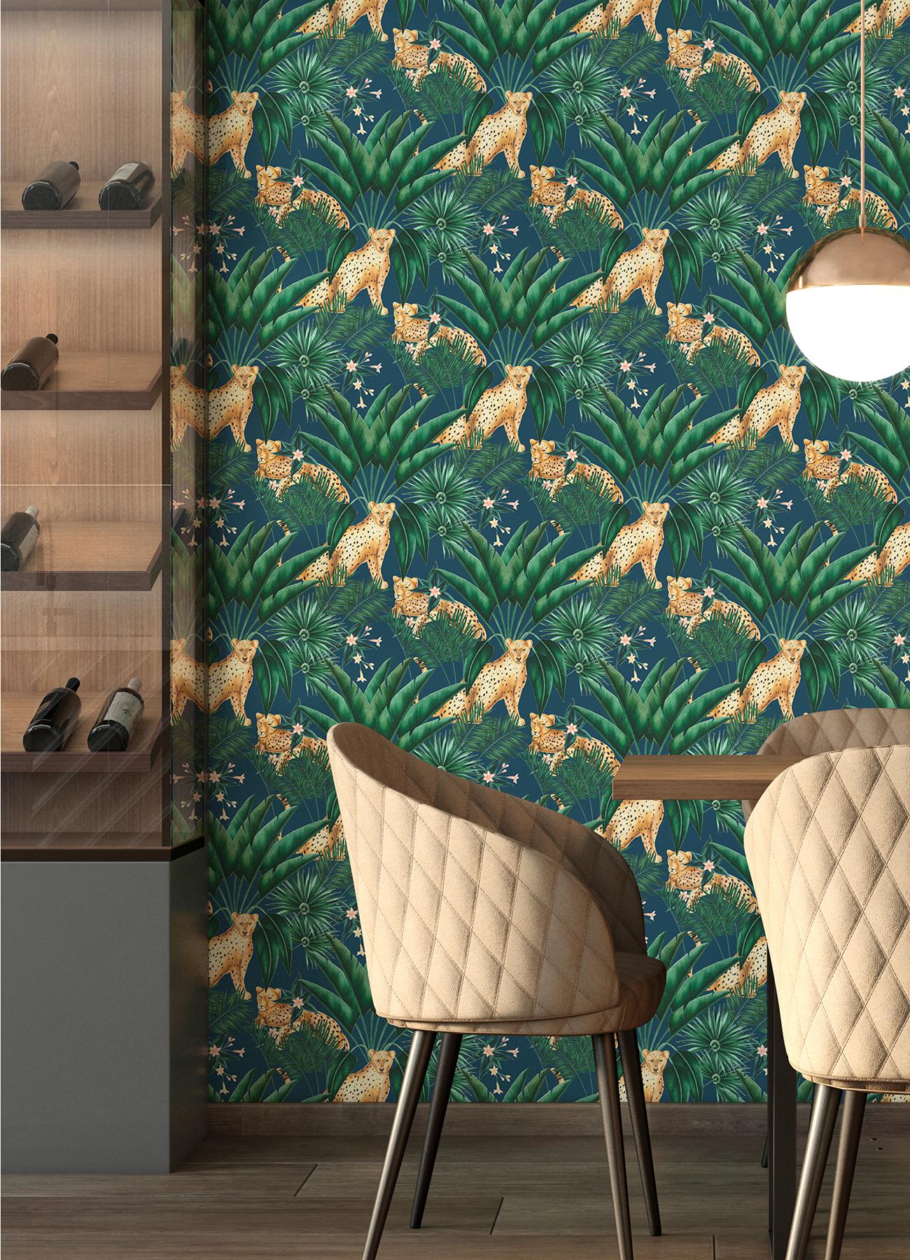 1300x1800 Brewster Home Fashions Augustus Jungle Cheetah Blue Wallpaper