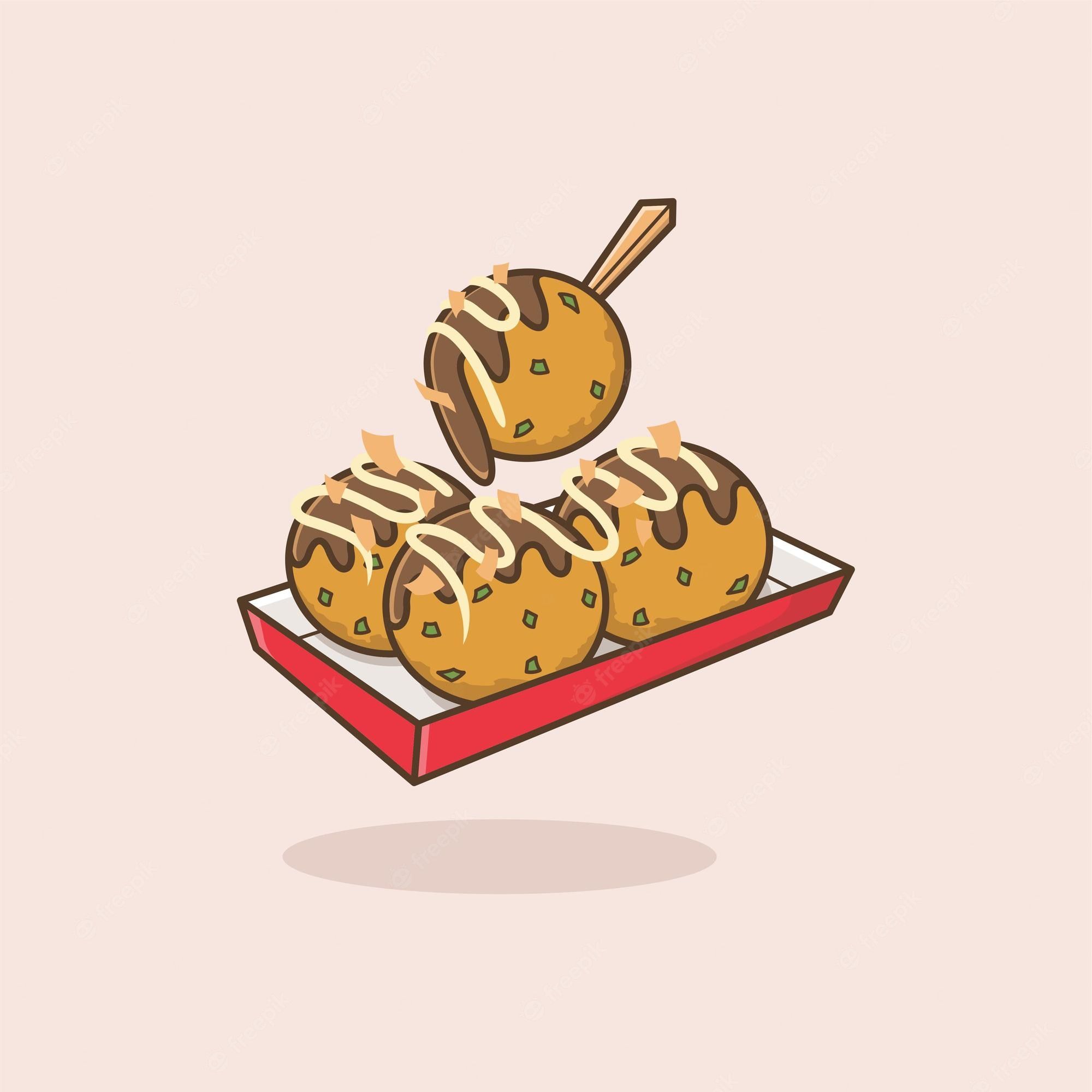 2000x2000 Premium Vector. Cute cartoon illustration of takoyaki with sauce