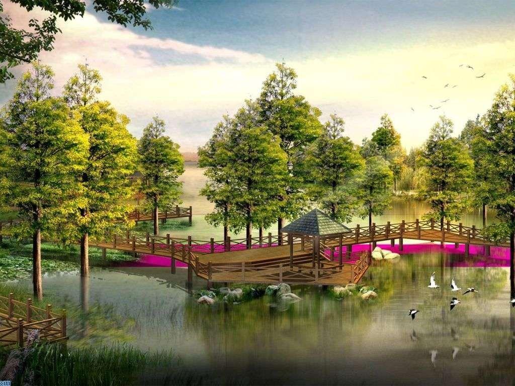 1024x768 Lakes: Chinese Landscape Art Lakes Nature Picture For Desktop