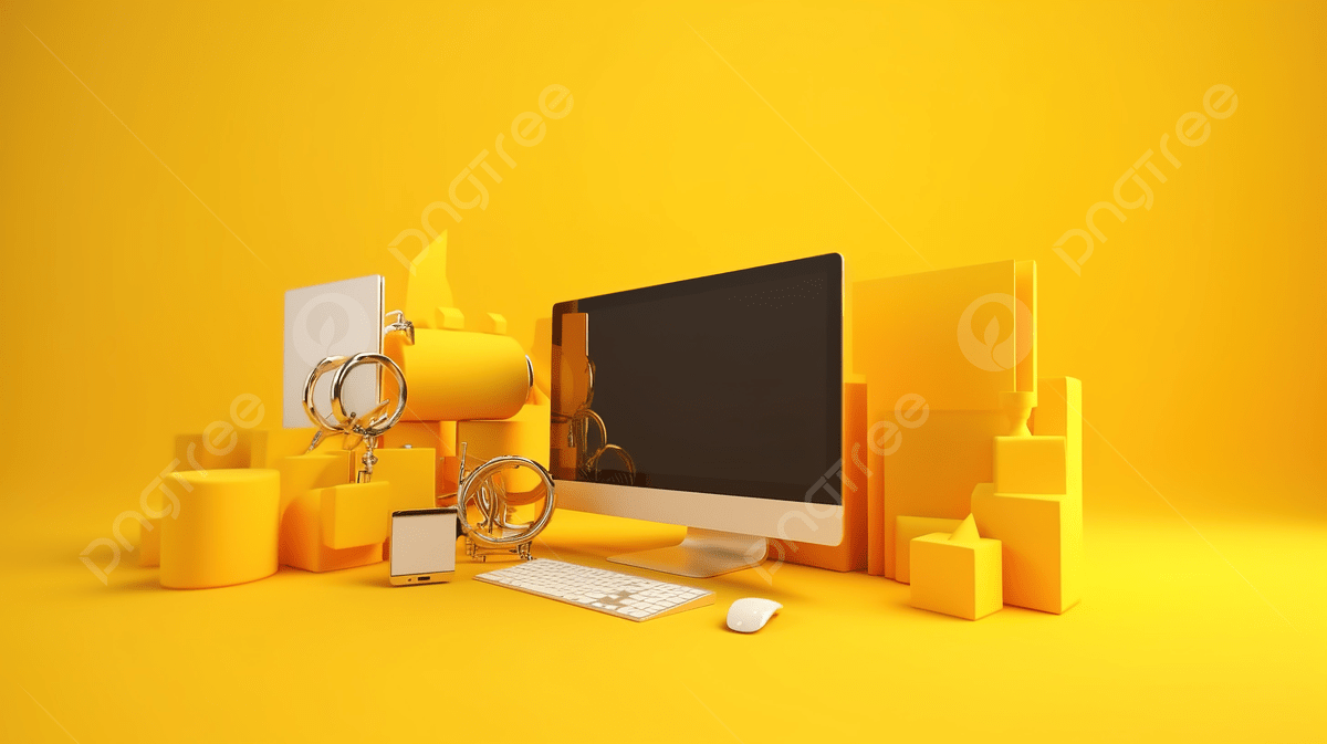 1200x673 Online Marketing Website Concept Displayed On A Computer In 3D Rendering Against A Vibrant Yellow Background, Web Development, Web Programming, Software Development Background Image And Wallpaper for Free Download