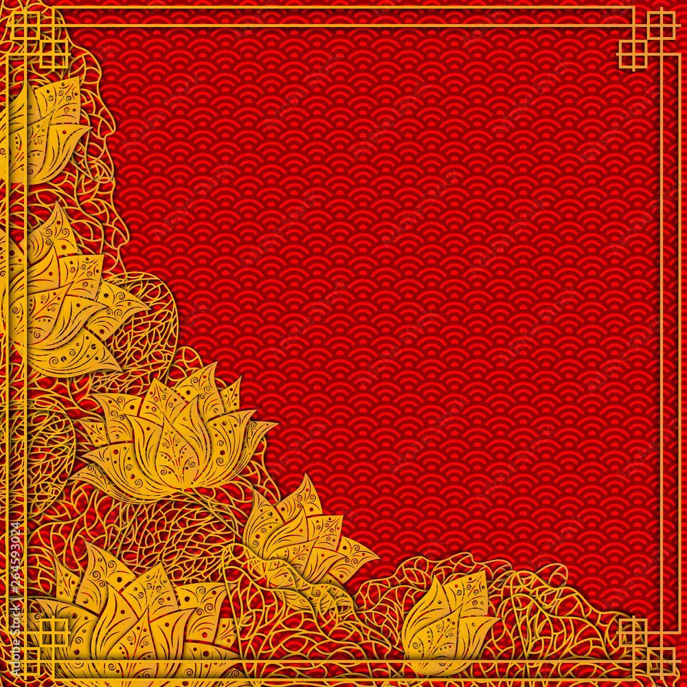 1000x1000 Template for invitation card, background, banner, greeting card, banner, wallpaper with golden beautiful lotus flower pattern on red background color. 3D vector illustration. Paper cut out style. Stock Vector