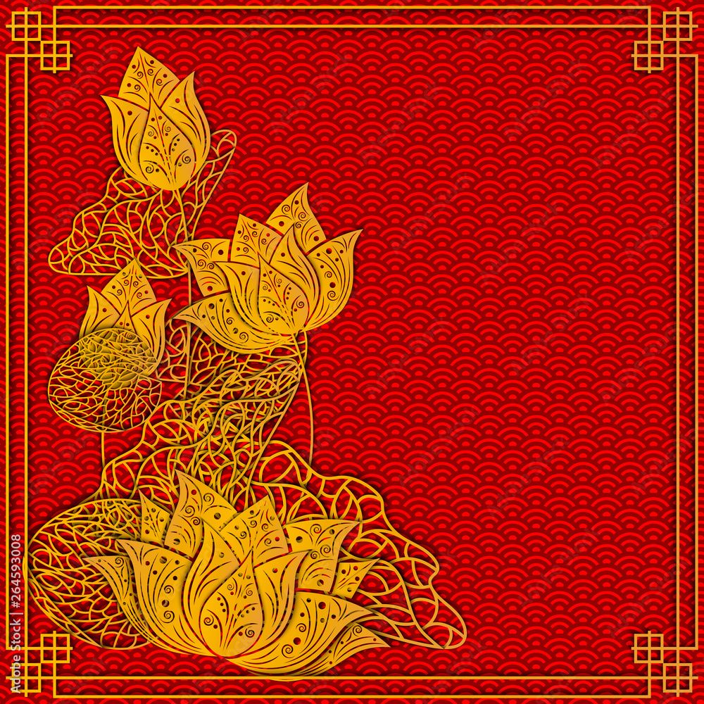 1000x1000 Template for invitation card, background, banner, greeting card, banner, wallpaper with golden beautiful lotus flower pattern on red background color. 3D vector illustration. Paper cut out style. Stock Vector