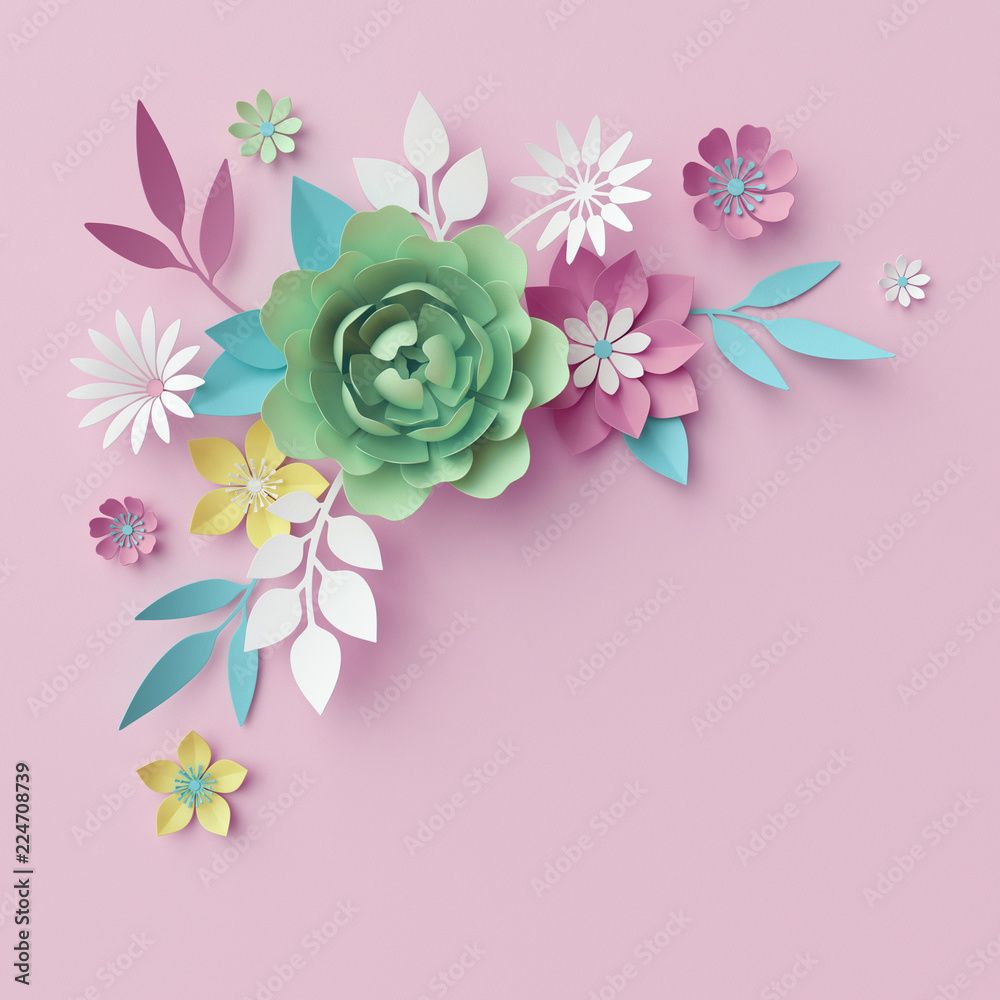 1000x1000 3D render, digital illustration, decorative paper flowers isolated on pink, pastel color wallpaper, corner design element, clip art, greeting card template, minimal background, space for text Stock Illustration