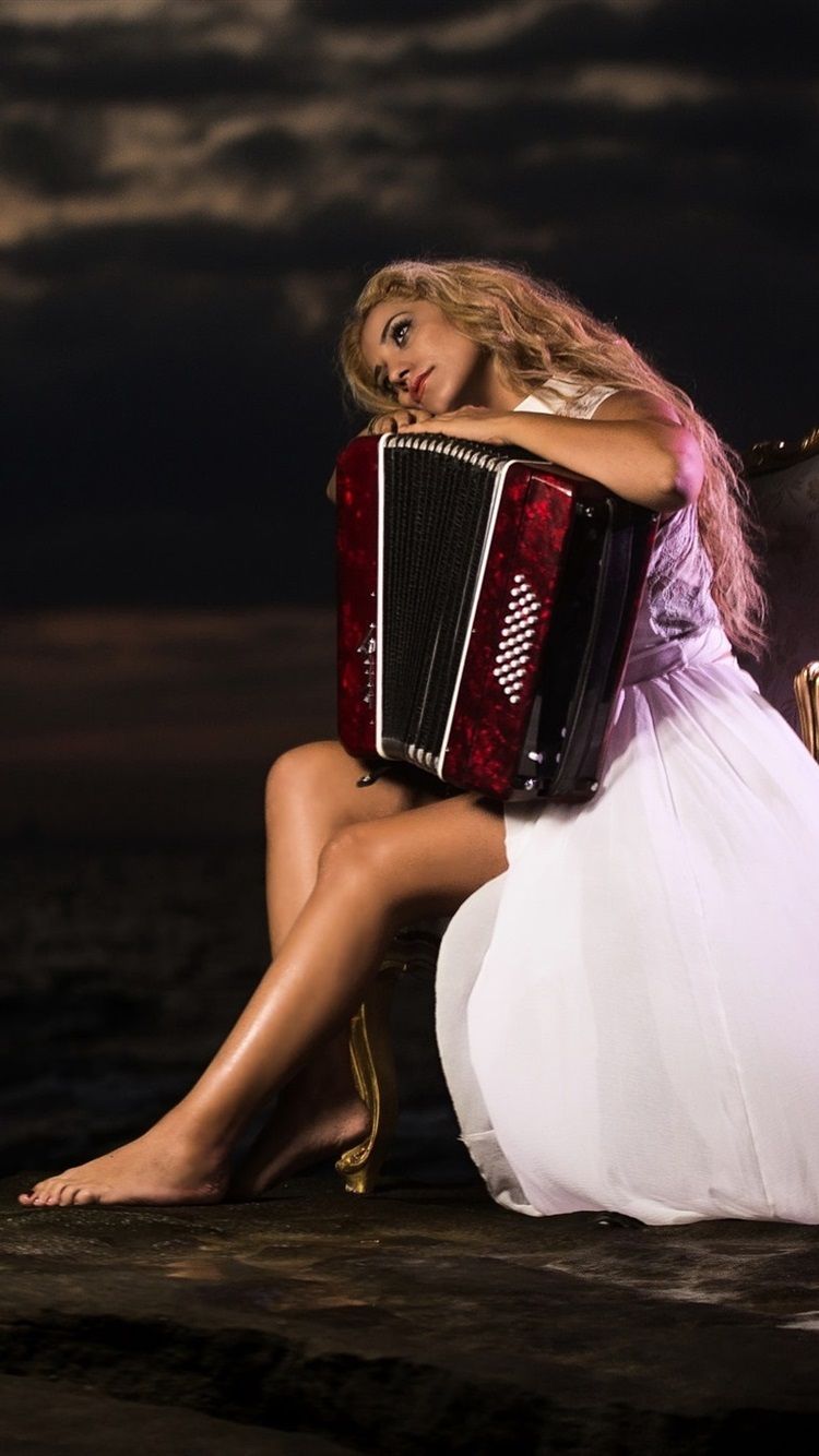 750x1334 Blonde Girl, Chair, Accordion 750x1334 IPhone 8 7 6 6S Wallpaper, Background, Picture, Image
