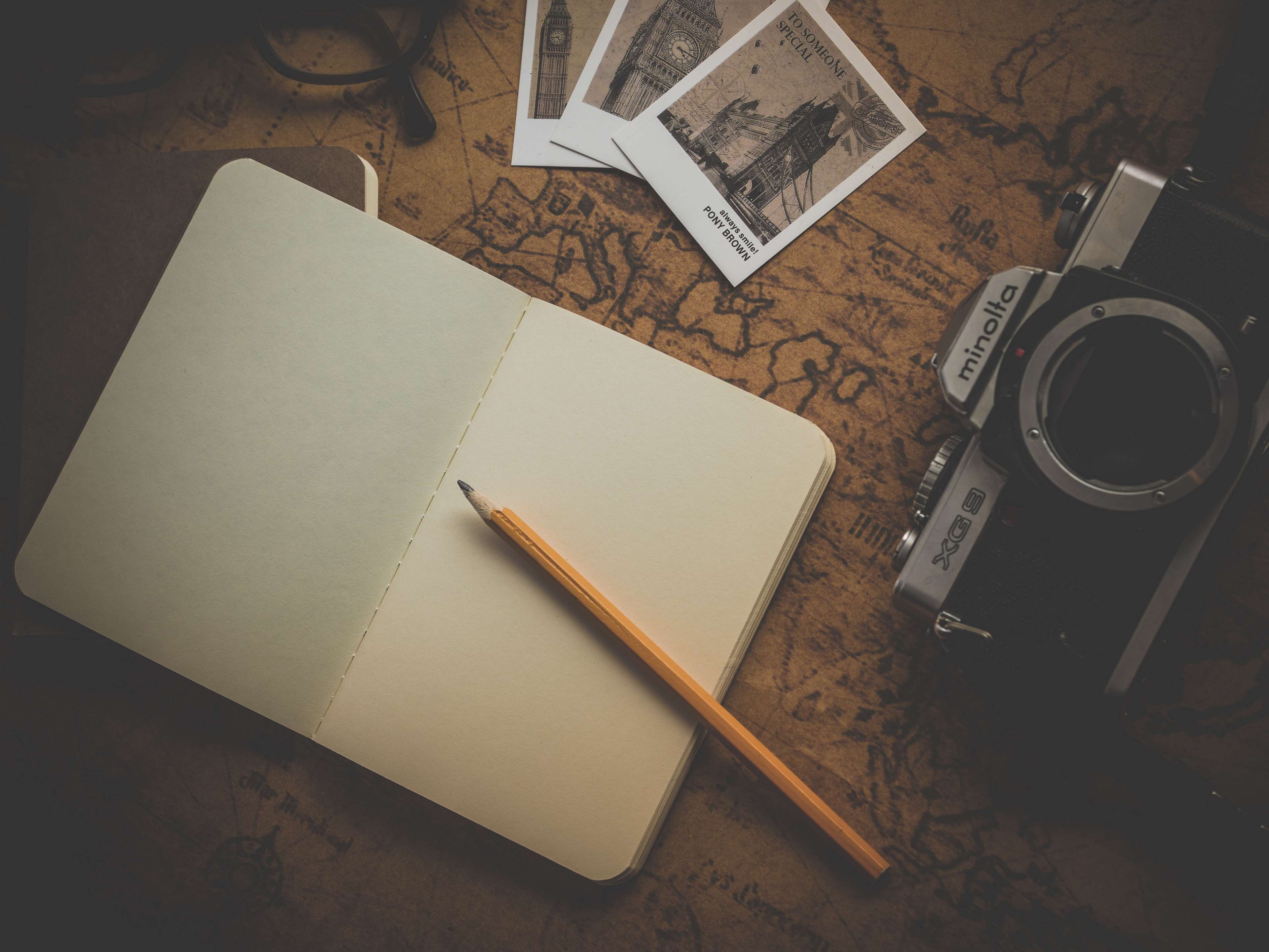 3840x2880 antique, blank, book, camera, classic, empty, eyeglasses, map, notebook, page, pencil, photo, polaroid, retro, vintage, world 4k Gallery HD Wallpaper