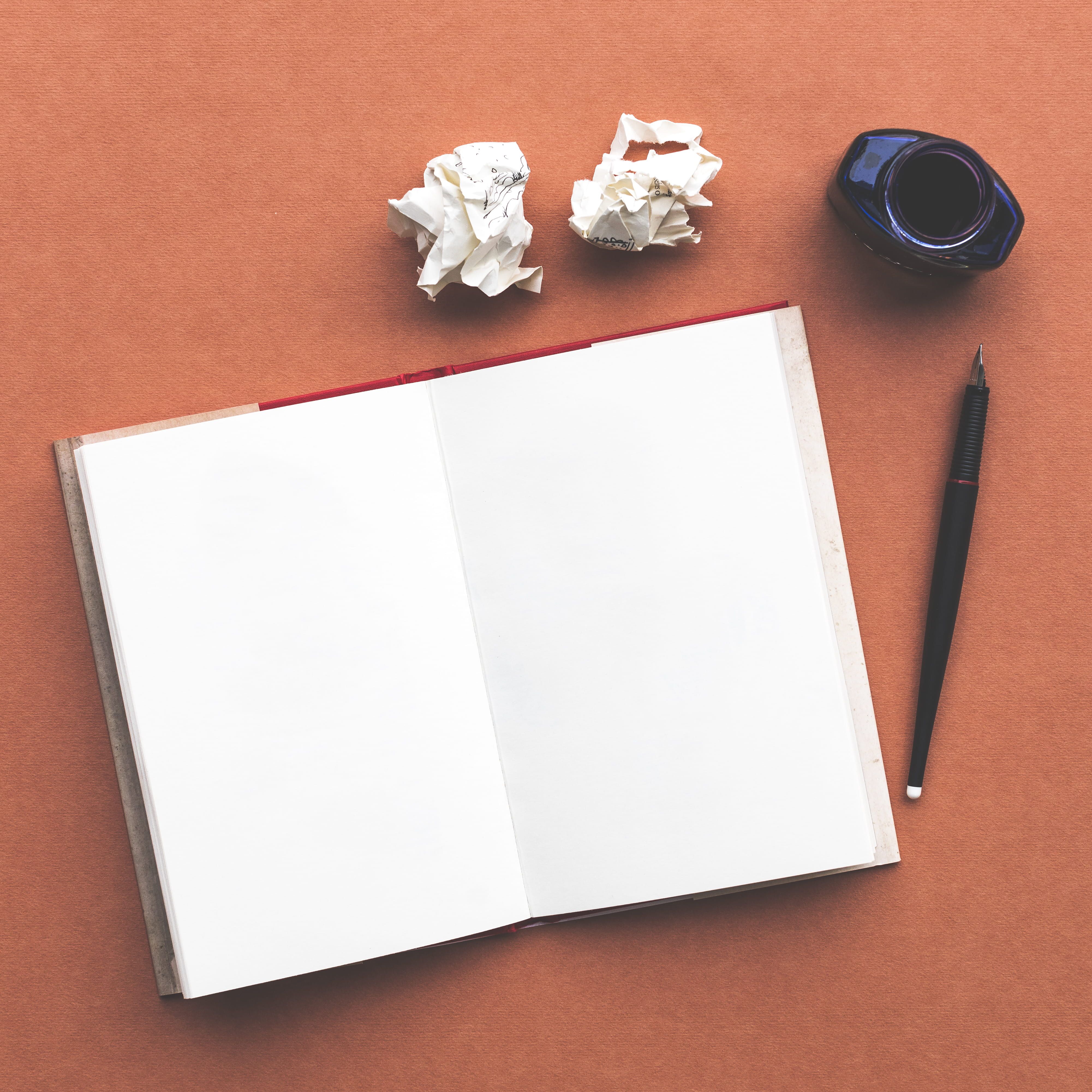 4002x4002 Wallpaper / pen, ink, group of objects, directly above, copy space, table, paper, creativity, crumpled paper ball, no people, empty space, empty, 4K, blank page, from above free download