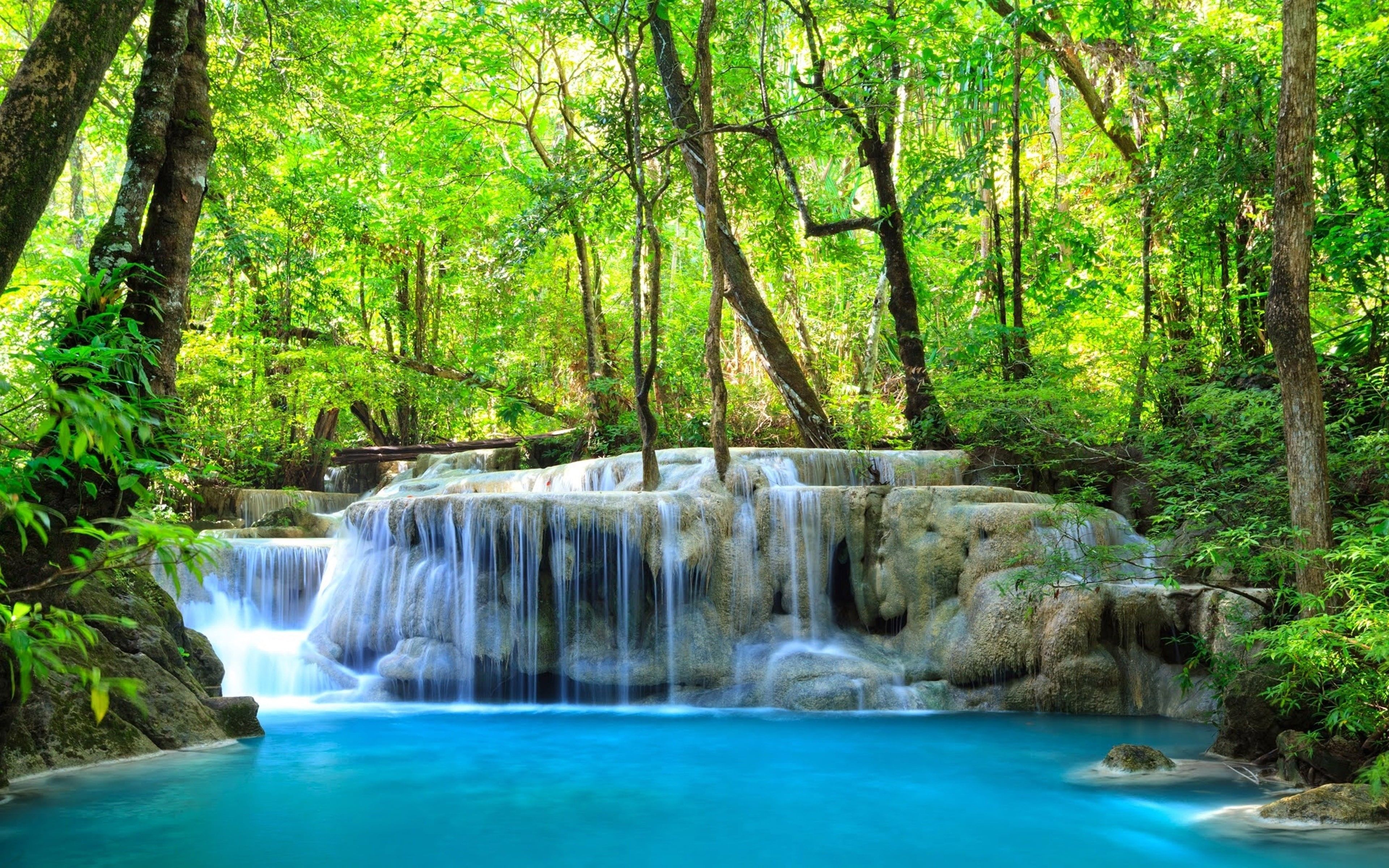 3840x2400 Wallpaper / land, long exposure, waterfall, wallpaper, day, waterfront, tranquility, beauty in nature, green, rainforest, flowing, parks, thailand, nature, kanchanaburi free download