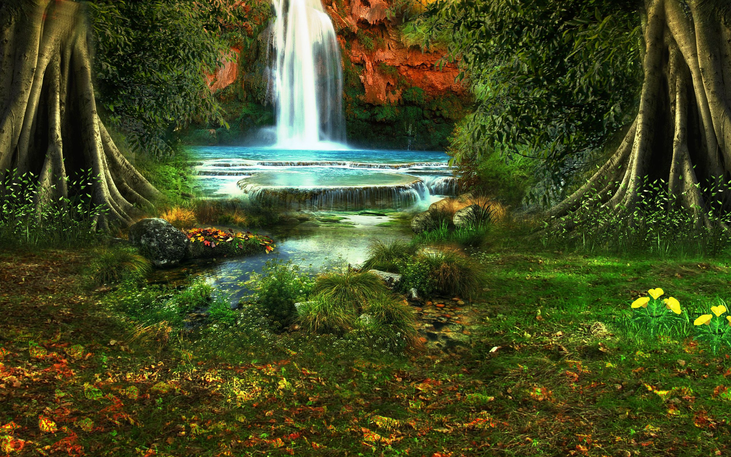 2560x1600 Waterfall Trees Vegetation Nature Wallpaper