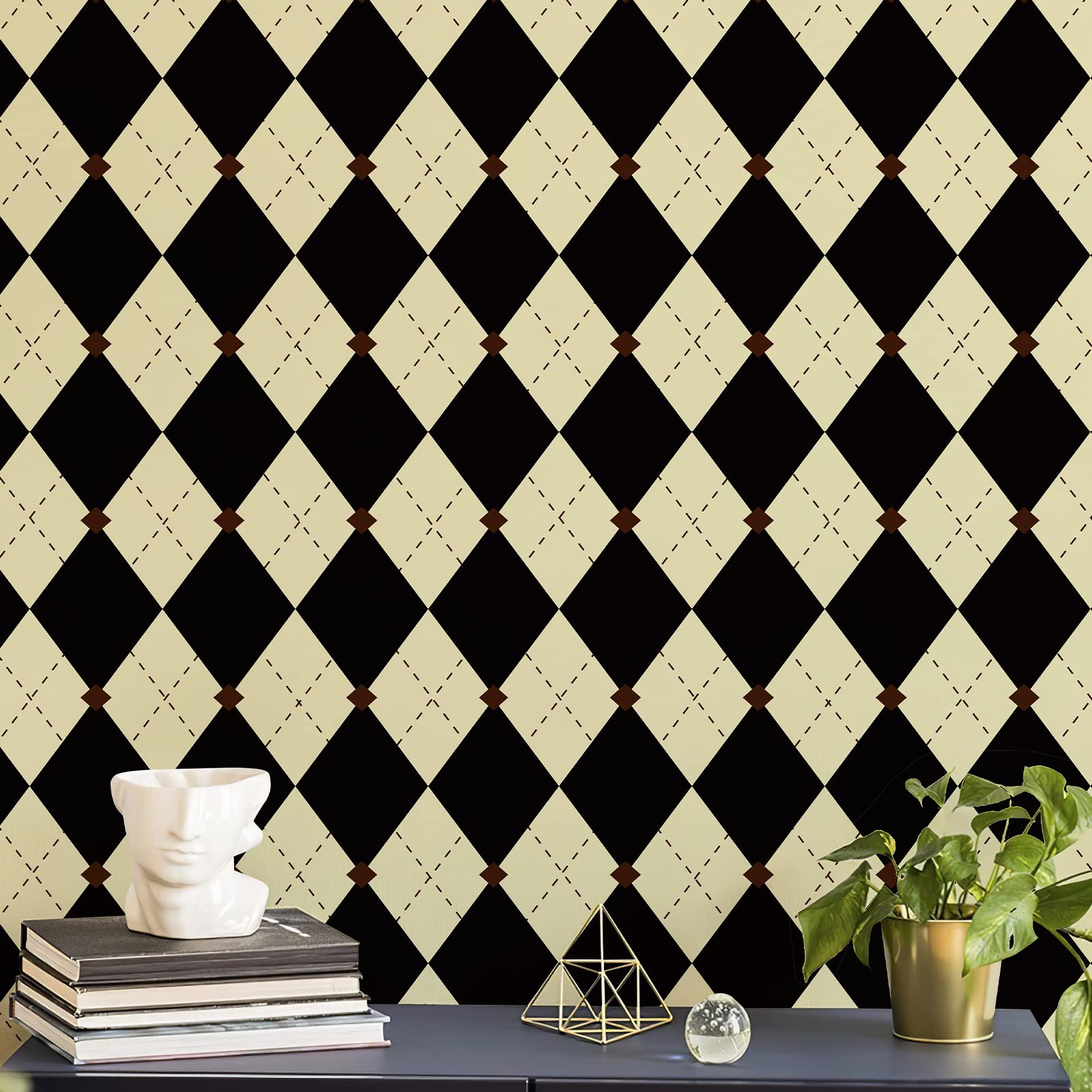 1600x1600 JiffDiff Retro Peel And Stick Wallpaper Plaid Wallpaper Geometric Wallpaper For Bedroom 17.3x 118 Black White Contact Paper Vintage Beige Removable Self Adhesive Wall Cabinet Furniture Decor