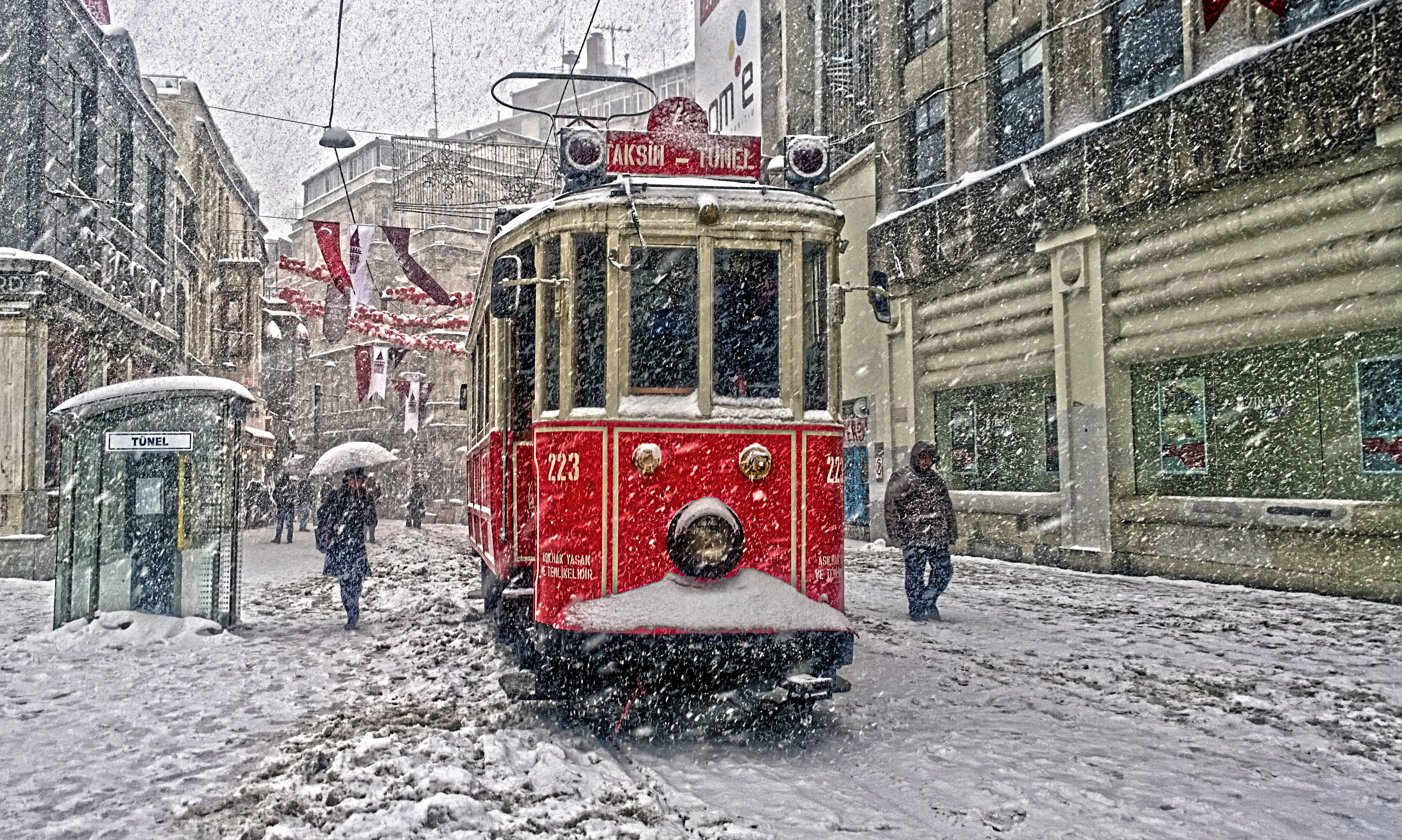 6192x3712 Wallpaper / tram, mode of transportation, building exterior, day, people, red, winter, incidental people, street, nature, turkey istanbul taksim, land vehicle, cold temperature free download