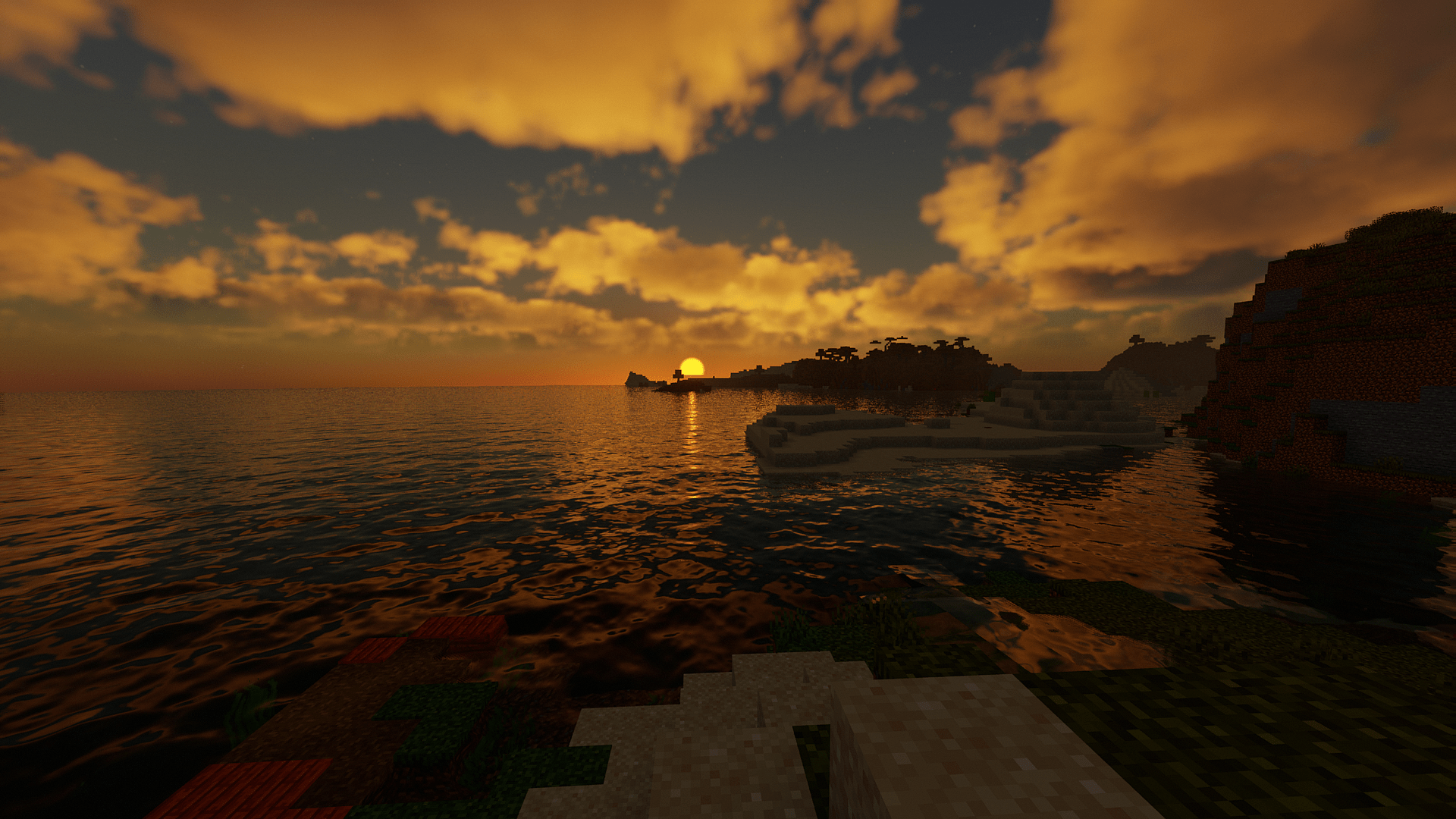 1920x1080 Minecraft Video Games Beach Sunset Water Peaceful CGi Cube Sky Clouds Sun Sunset Glow Wallpaper:1920x1080