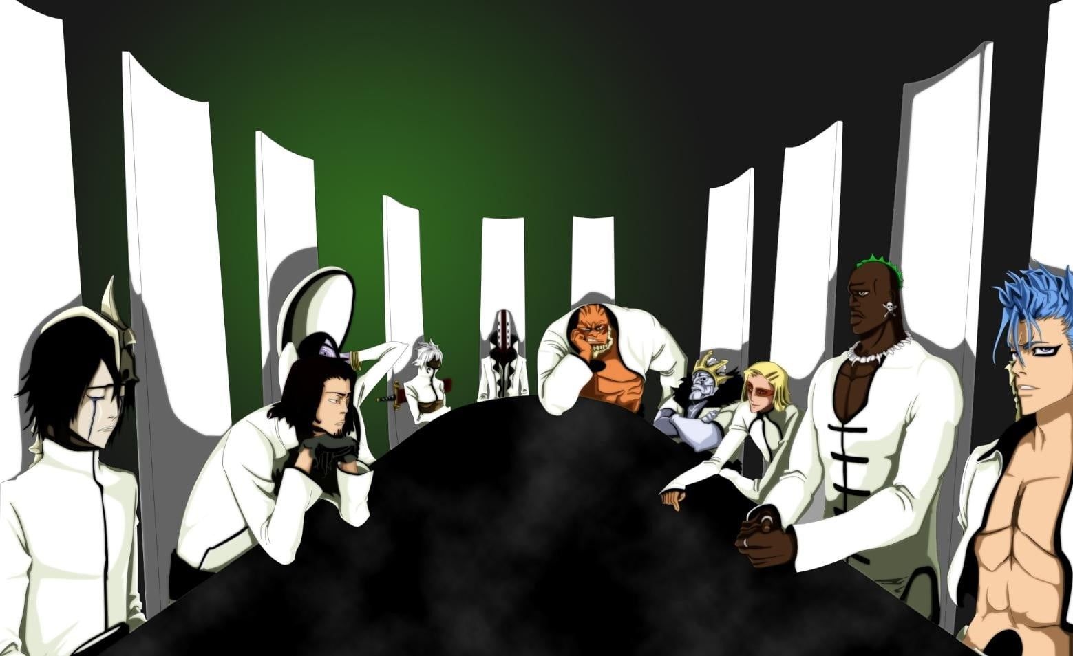 1559x954 Wallpaper / real people, Arrancar, Aaroniero Arruruerie, women, people, front view, illustration, Yammy Llargo, sitting, Coyote Starrk, lifestyles, Grimmjow Jaegerjaquez free download