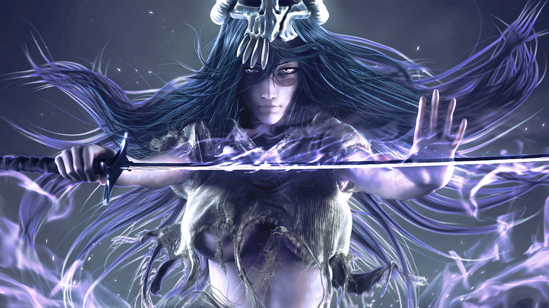 1920x1080 Wallpaper / long hair, wielding, futuristic, adult, people, anime, wallpaper, the arrancar, background, fantasy, front view, illuminated, looking at camera, illustration free download