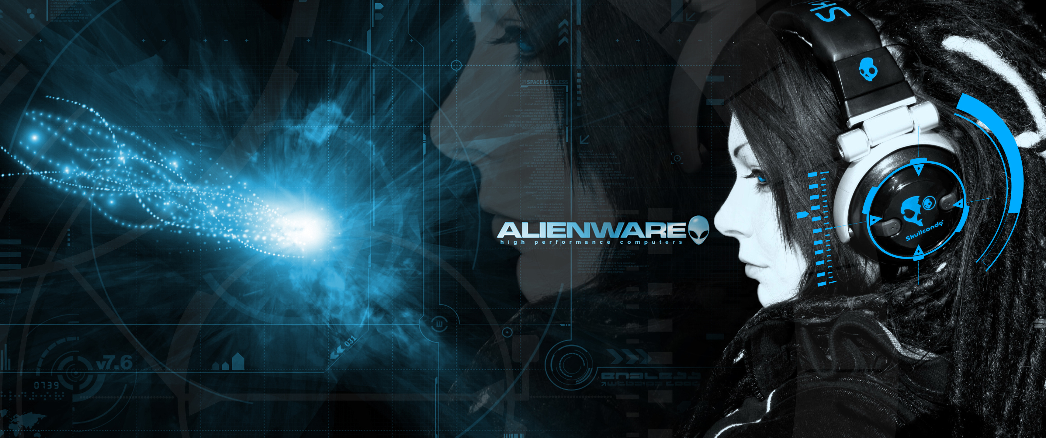 3440x1440 Download Alienware Skull Candy Headphones Girl, Alienware, Skull, Candy, Headphones, Young woman Wallpaper in 3440x1440 Resolution