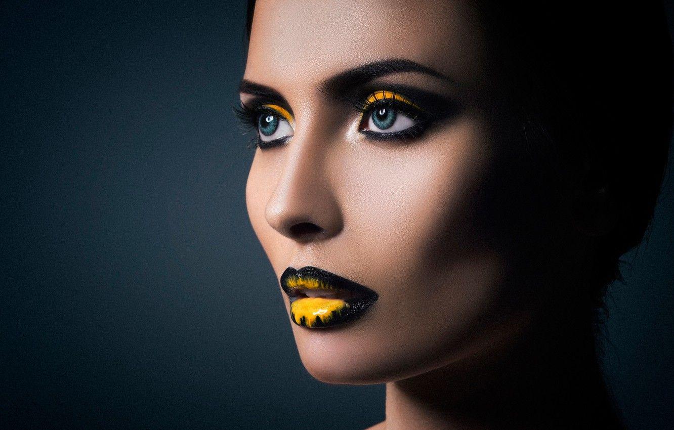 1332x850 Wallpaper portrait, makeup, black, yellow, eyes, lips, Yna image