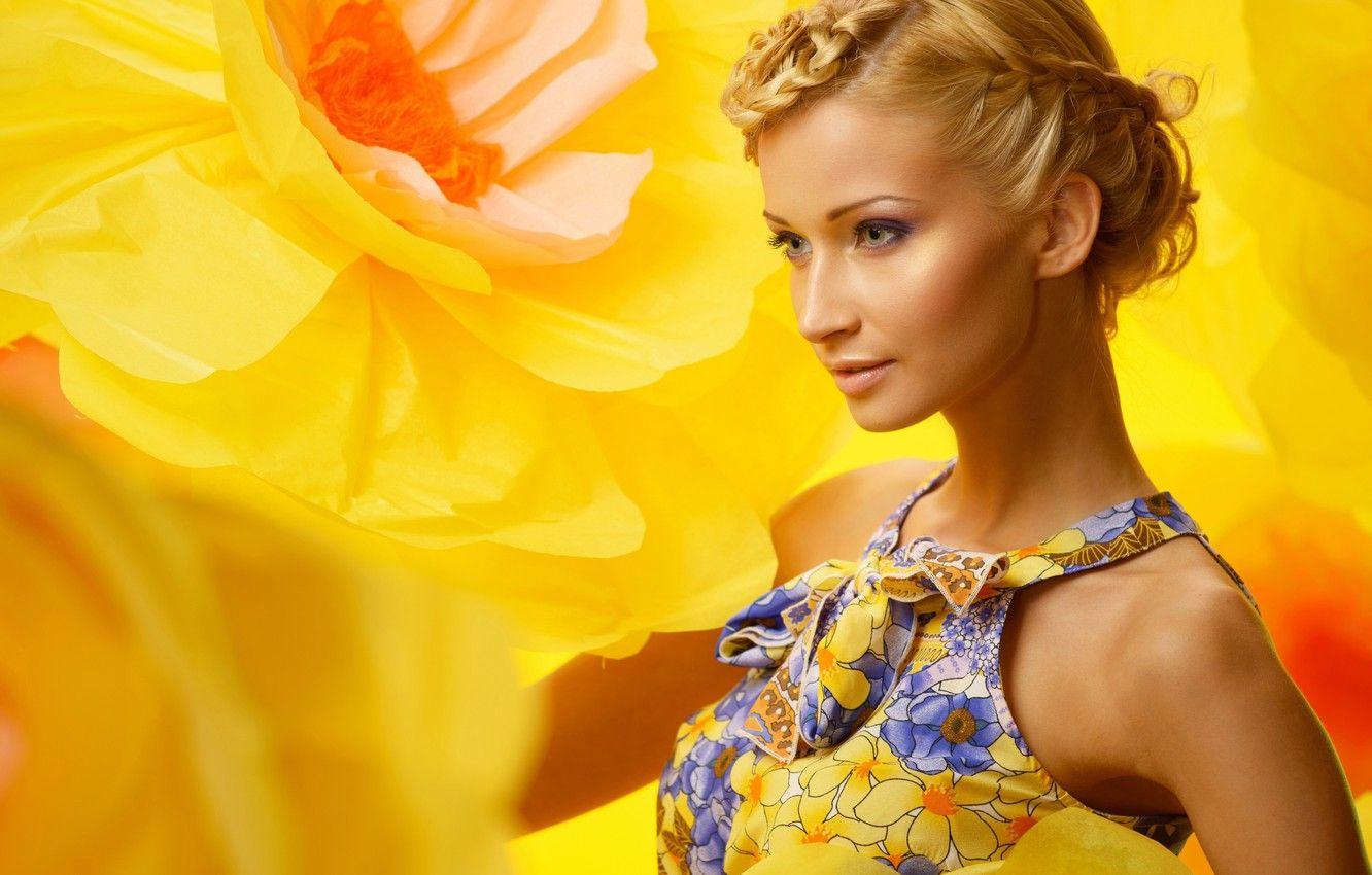 1332x850 Wallpaper flowers, yellow, background, portrait, makeup, dress