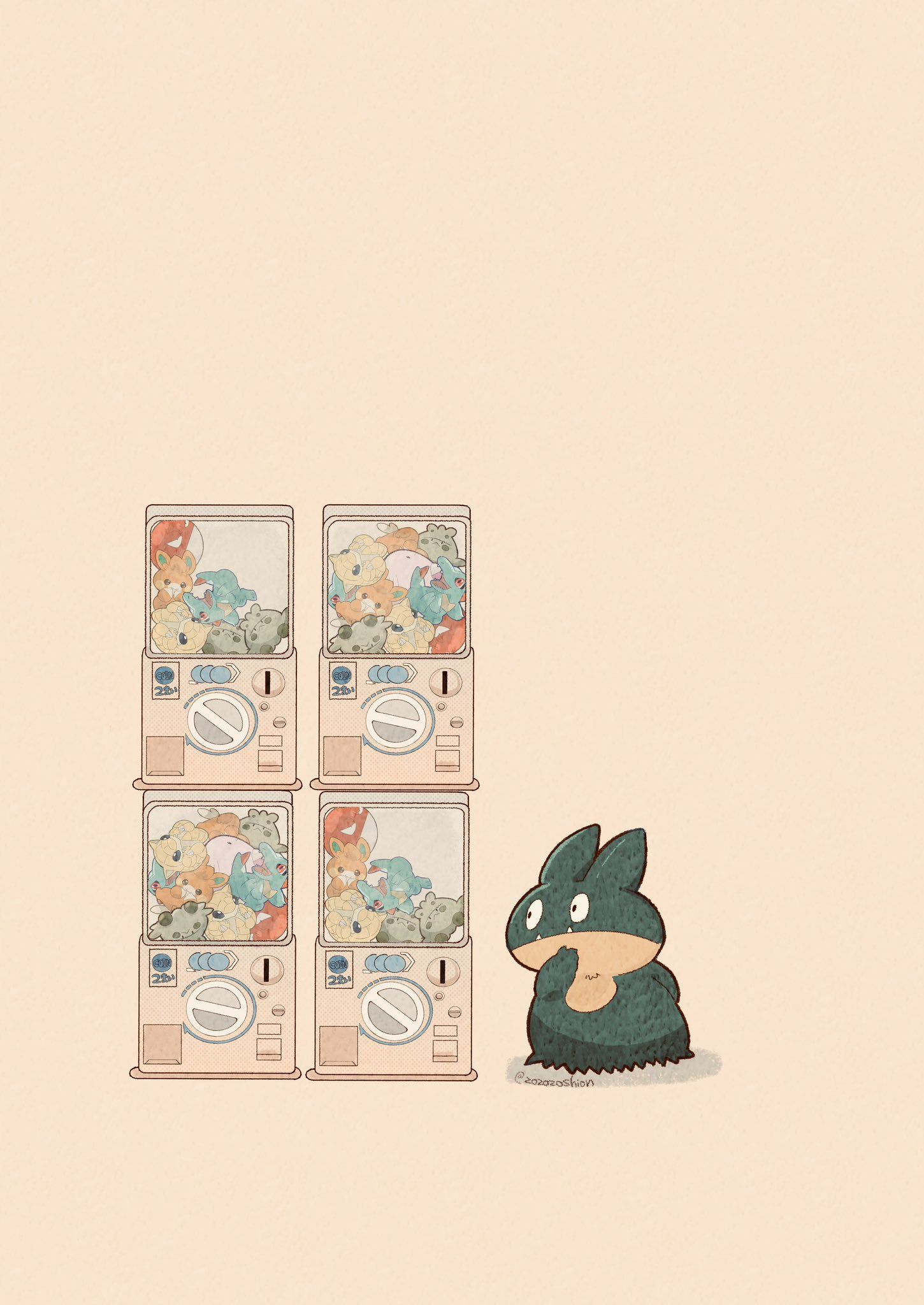 1450x2048 Safebooru behind back artist name brown background chansey character doll closed mouth commentary request fangs fangs out gashapon hand up highres munchlax no humans pawmot pokemon pokemon (creature) sandshrew shadow